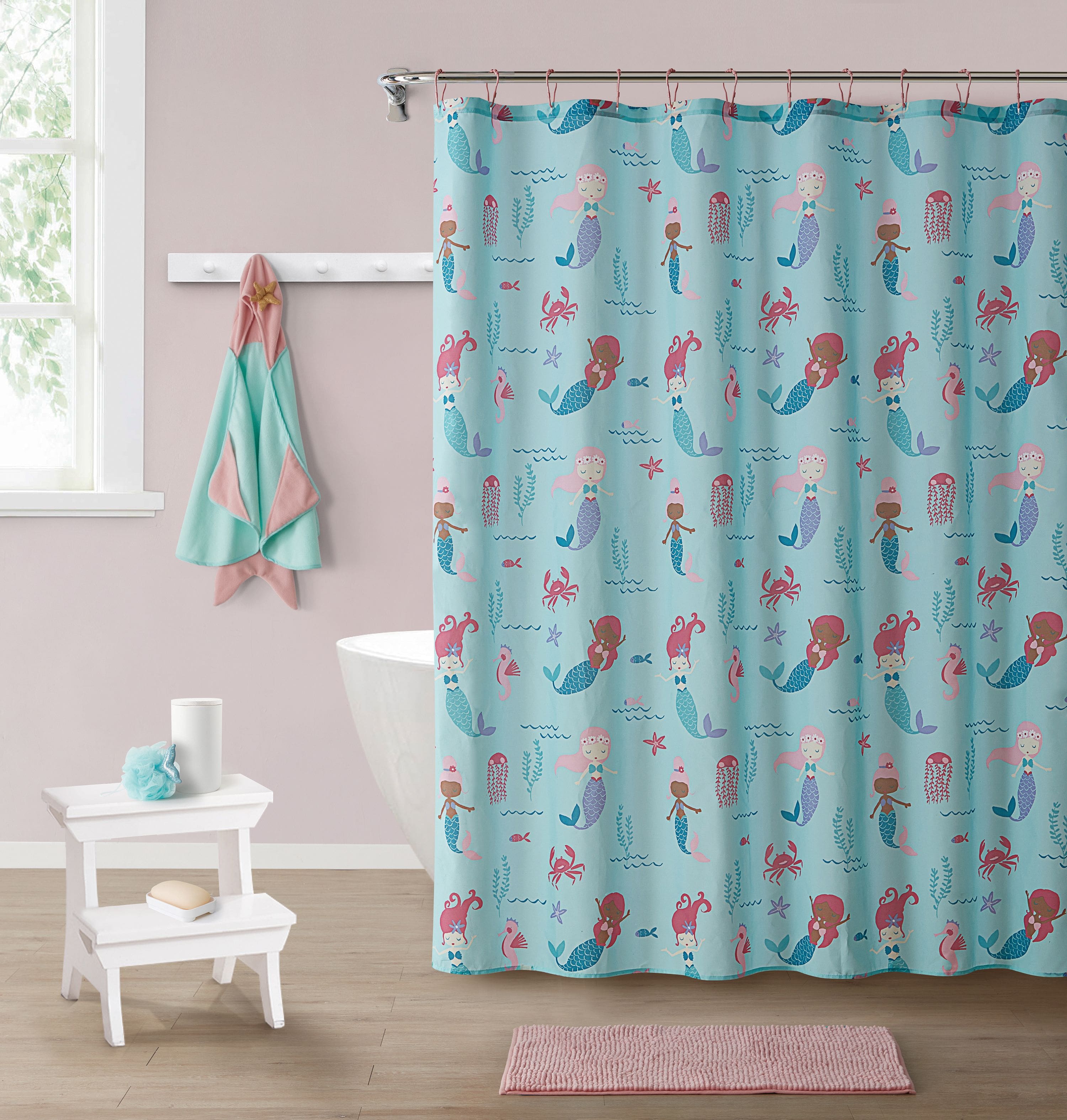 Kate Aurora - Montauk Accents Complete 5 Piece Juvi Mermaid Themed Fabric Shower Curtain Bathroom Set - Pink