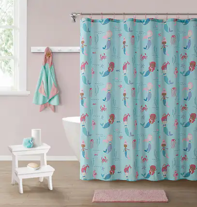 Front. Kate Aurora - Kate Aurora Montauk Accents Complete 5 Piece Juvi Mermaid Themed Fabric Shower Curtain Bathroom Set - Pink.