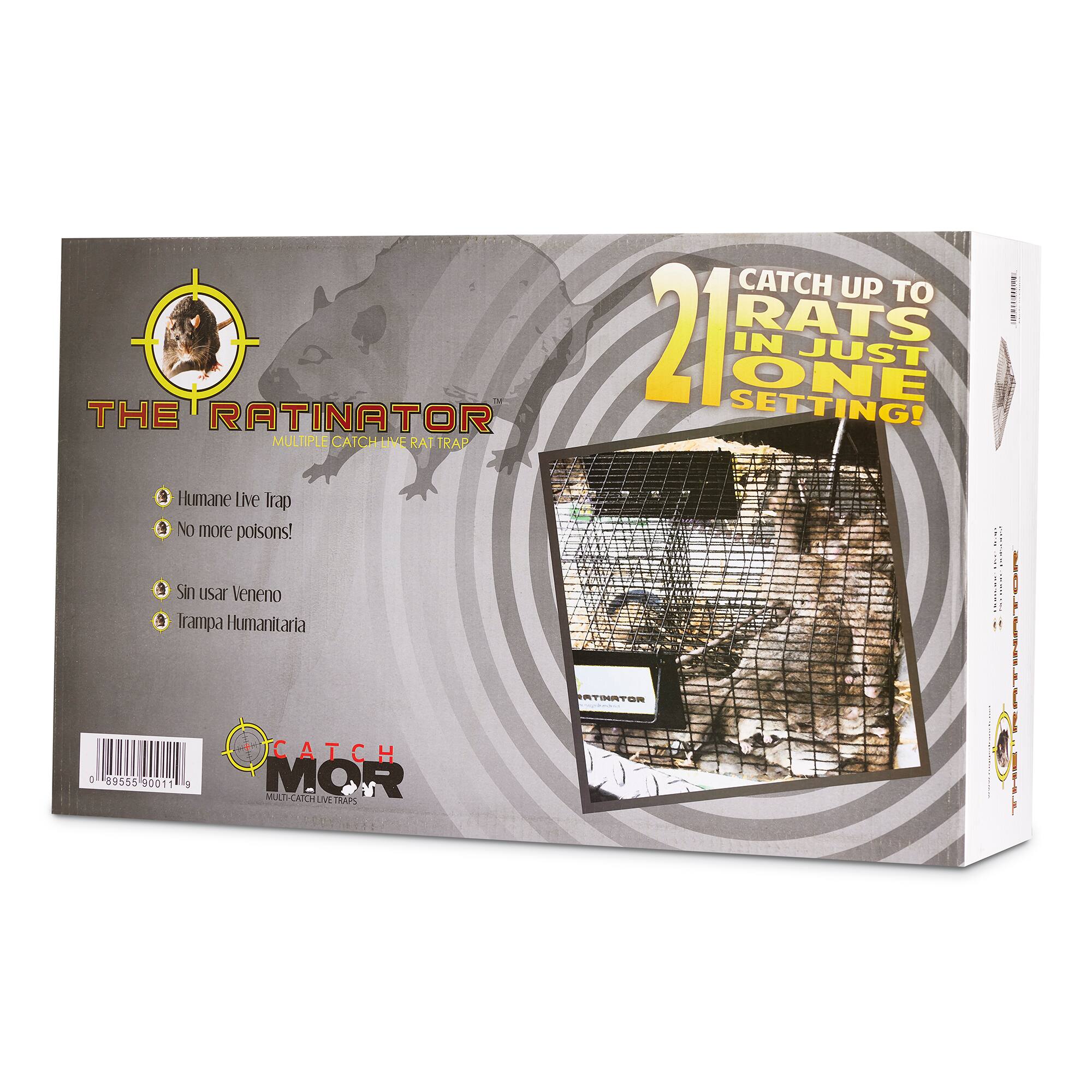 CATCH UP TO 21 RATS IN JUST ONE THE RATINATOR SETTING!  
MULTIPLE CATCH-LIVE RAT TRAP  
Humane live Trap  
No more poisons!  
Sin usar Veneno  
Trampa Humanitaria  
CATCH MOR  
89555 90011
