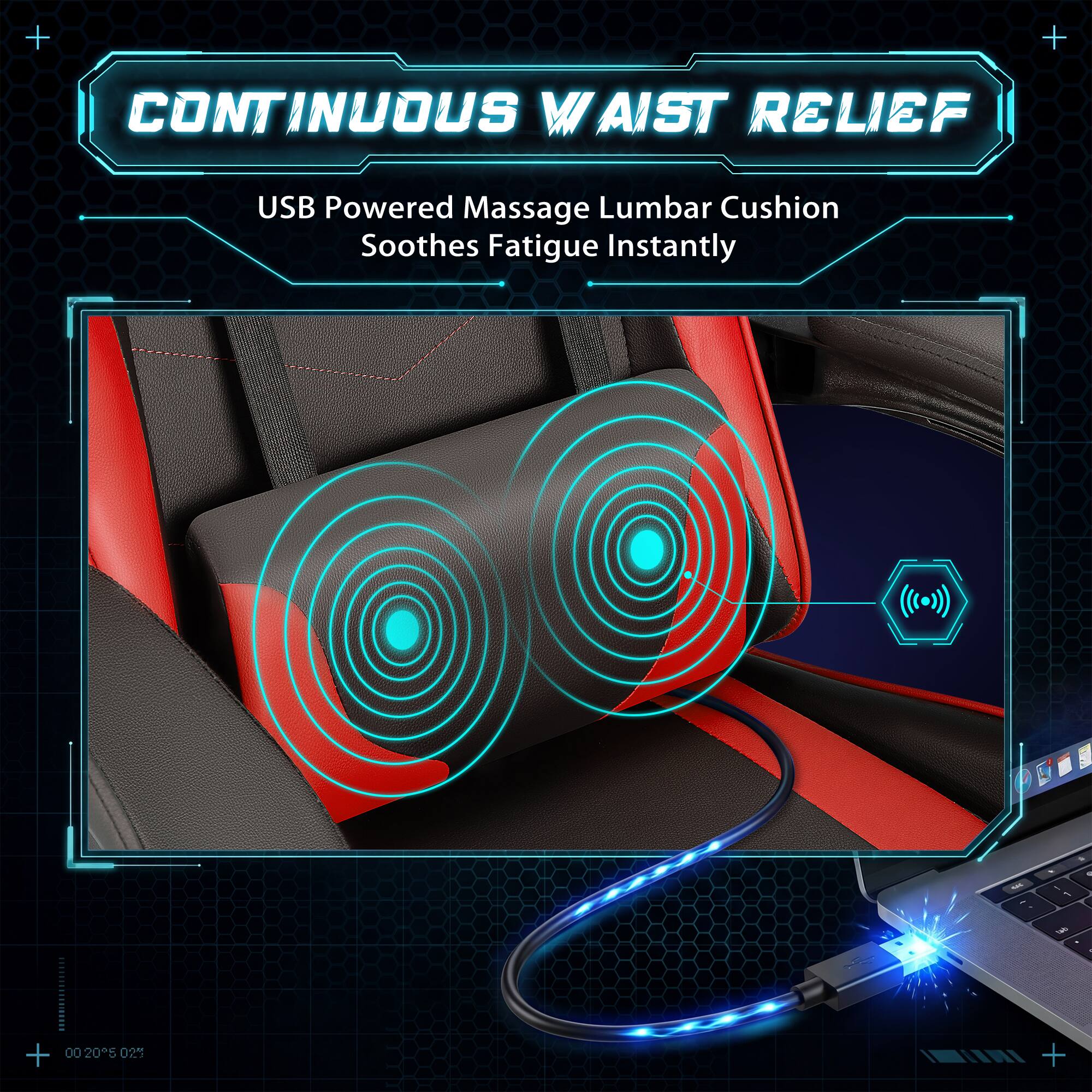 CONTINUOUS WAIST RELIEF  
USB Powered Massage Lumbar Cushion Soothes Fatigue Instantly