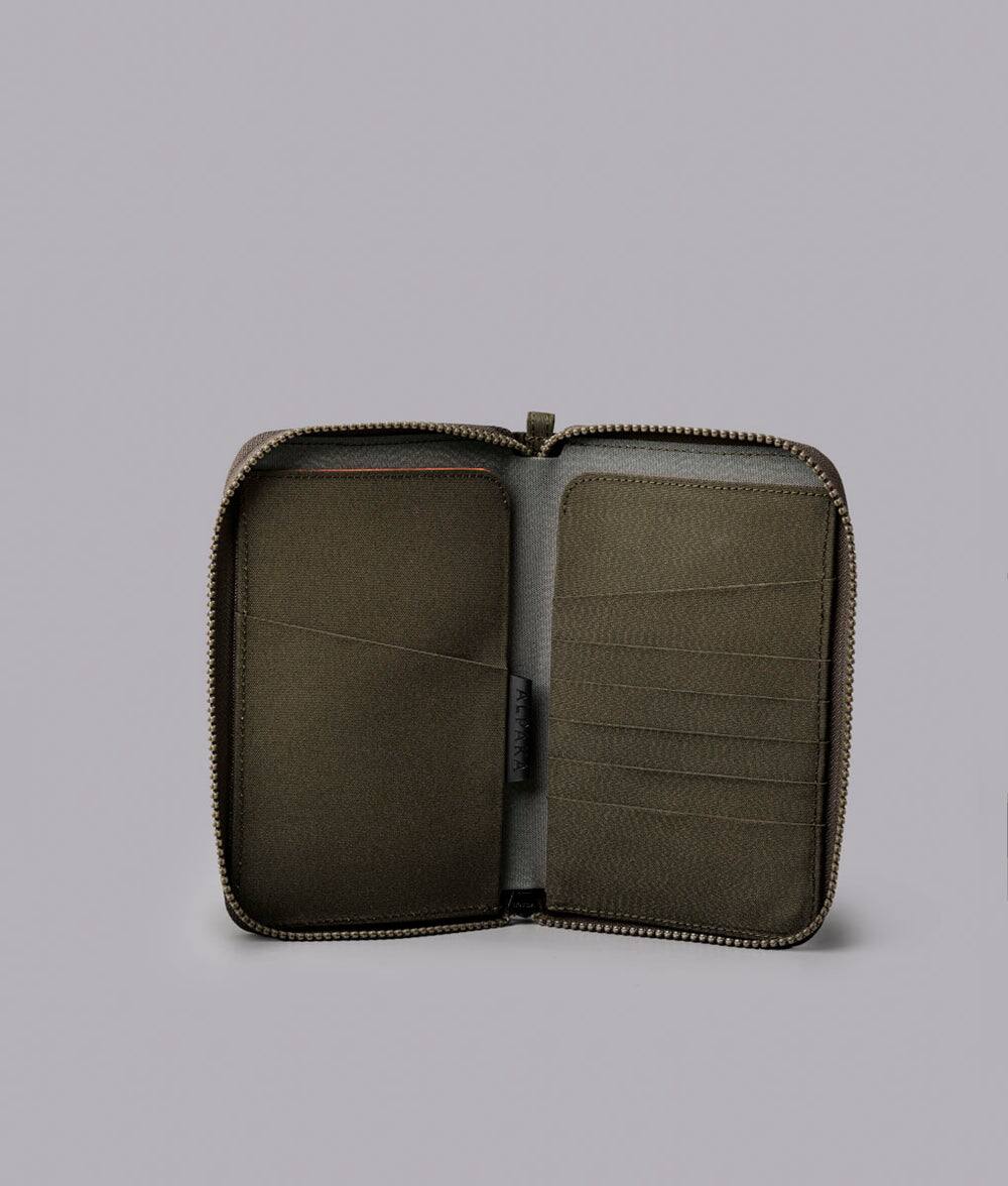 Left. ALPAKA - RFID Zip Passport Wallet with Boarding Pass Pocket, 7 Card Slots, Magnetic Flaps, Detachable Hand Strap - Army Green Axogrid 300D.