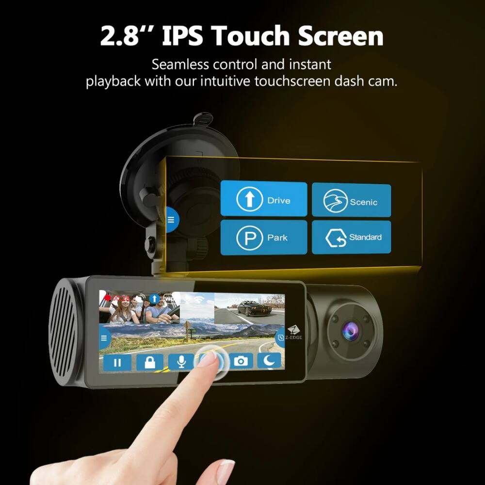 2.8" IPS Touch Screen, Seamless control and instant playback with our intuitive touchscreen dash cam. Drive, Scenic, Park, Standard.