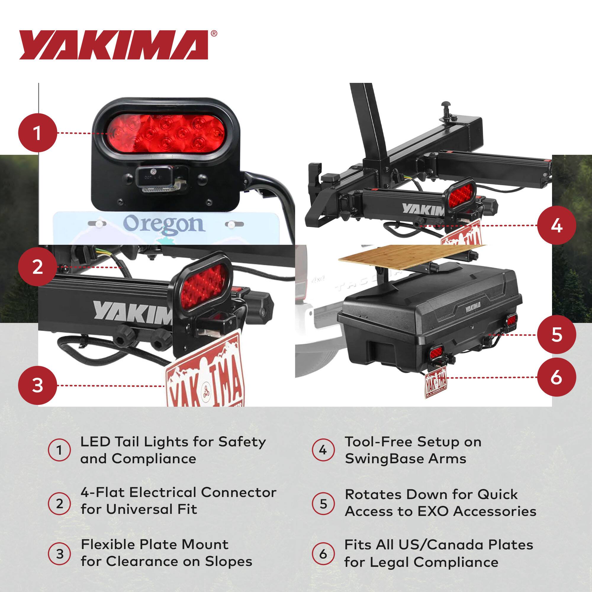 1. LED Tail Lights for Safety and Compliance  
2. 4-Flat Electrical Connector for Universal Fit  
3. Flexible Plate Mount for Clearance on Slopes  
4. Tool-Free Setup on SwingBase Arms  
5. Rotates Down for Quick Access to EXO Accessories  
6. Fits All US/Canada Plates for Legal Compliance