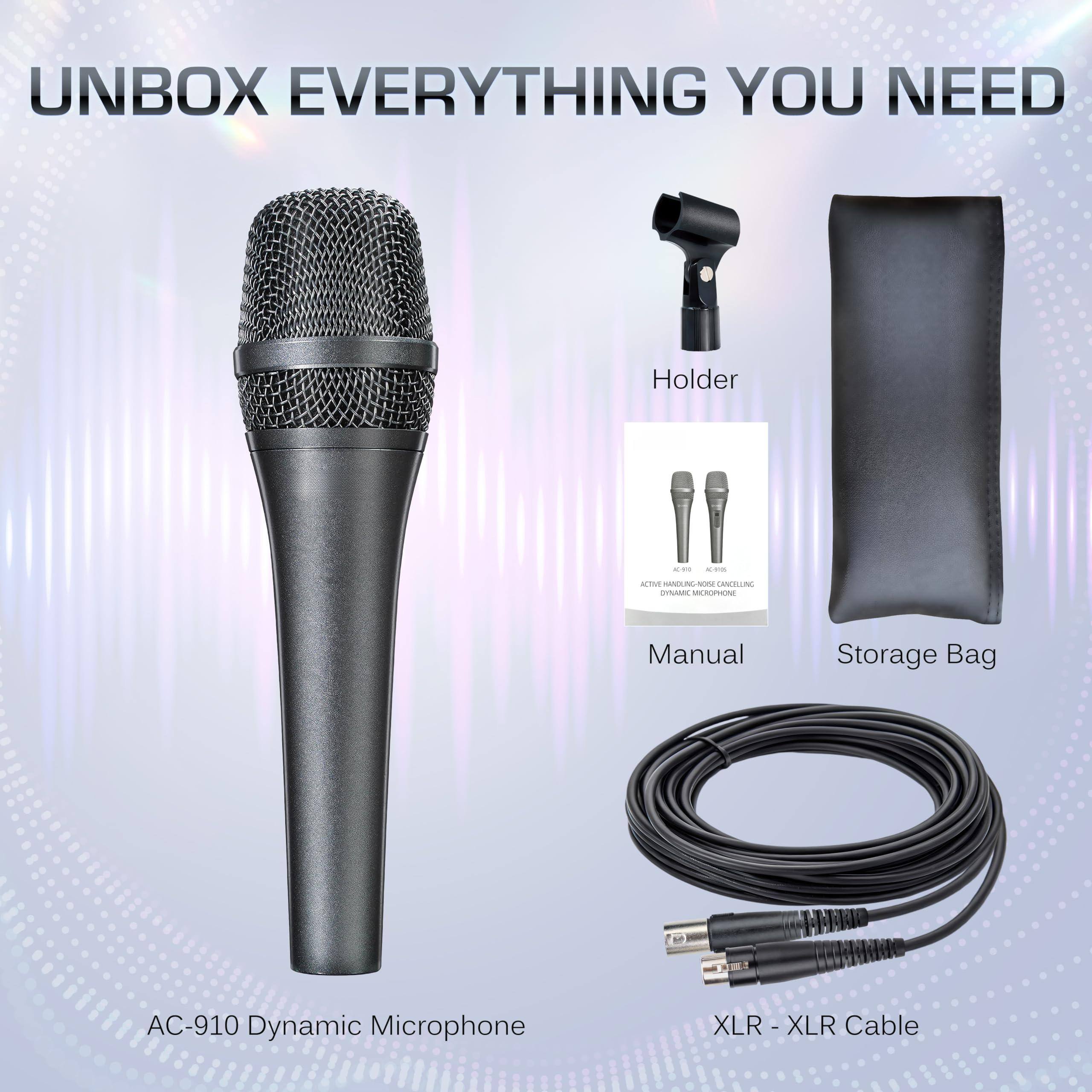 UNBOX EVERYTHING YOU NEED

AC-910 Dynamic Microphone

Holder

Manual

Storage Bag

XLR - XLR Cable