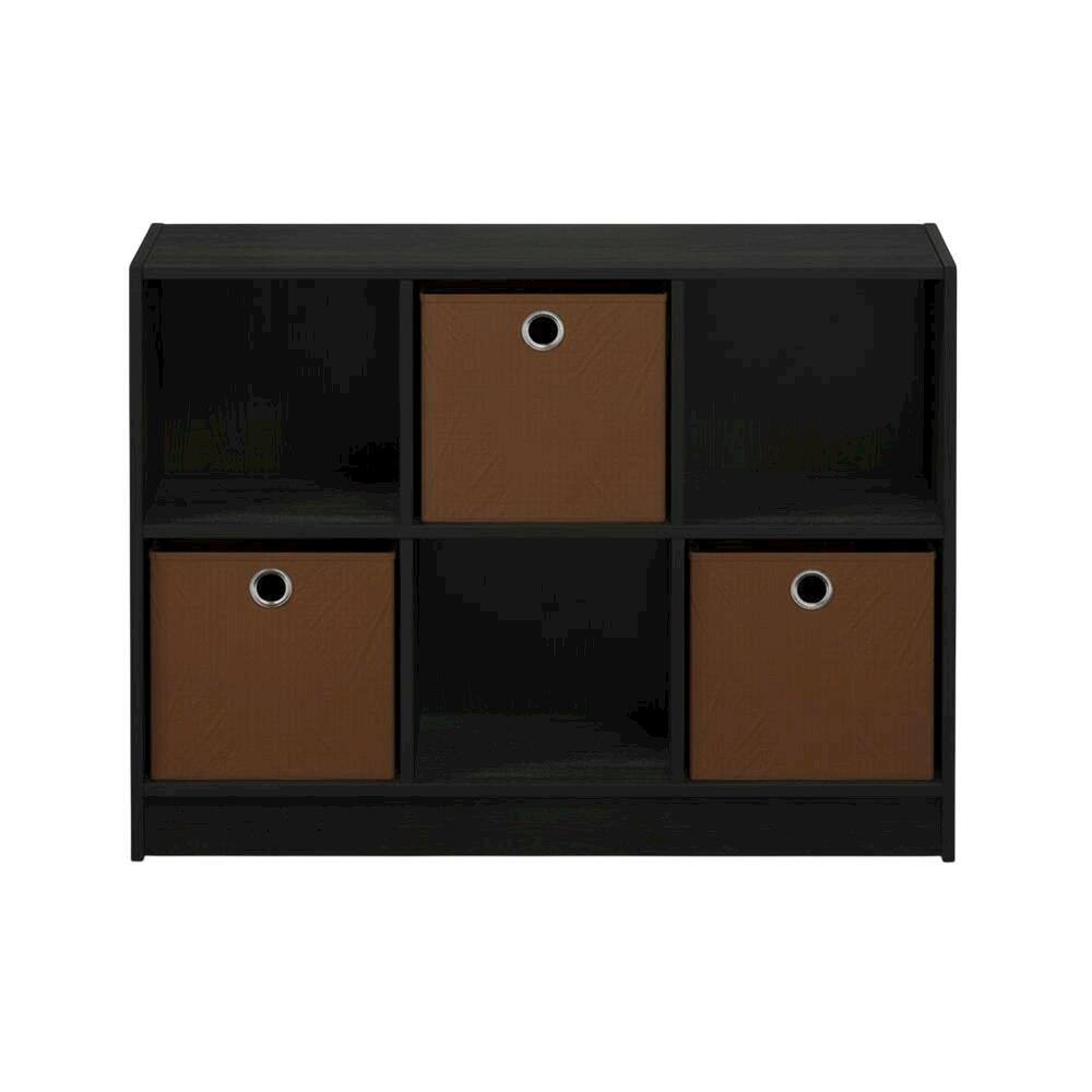 Back. FurniFact - 3x2 Wooden Bookcase with Bins in Medium Brown for Organized Storage - Americano/Medium Brown.