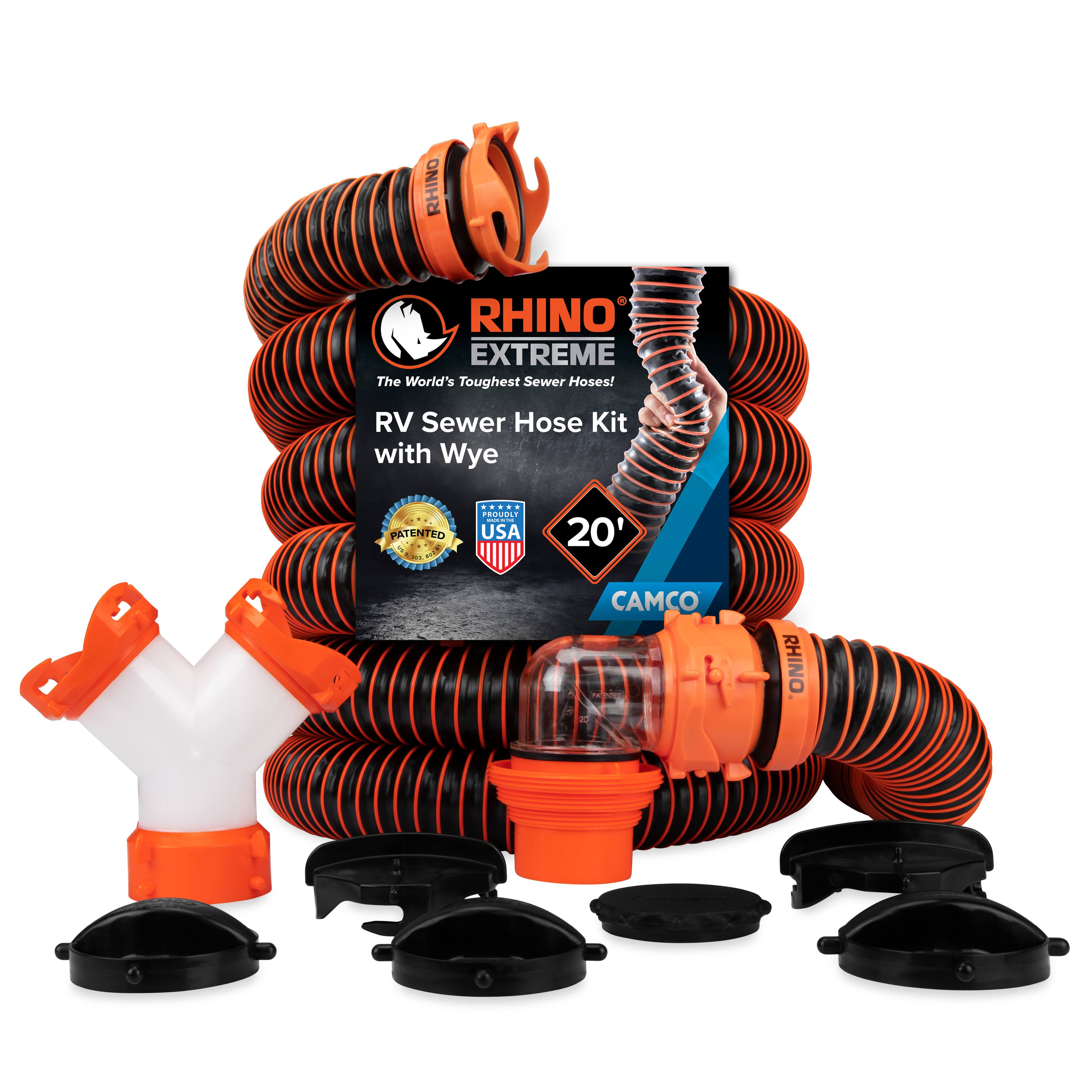 RHINO EXTREME  
The World's Toughest Sewer Hoses!  
RV Sewer Hose Kit with Wye  
PATENTED  
USA  
20'  
CAMCO