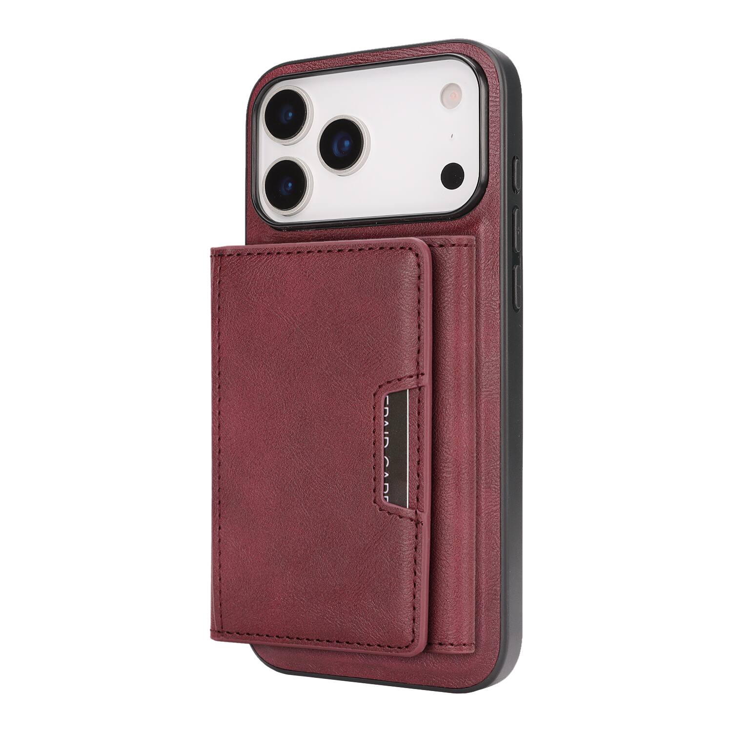 Angle. Dteck - 2-in-1 Magnetic Wallet Case for Apple iPhone 17 Pro Max, Shockproof PU Leather Cover with Detachable 7-Card Holder - Winered.