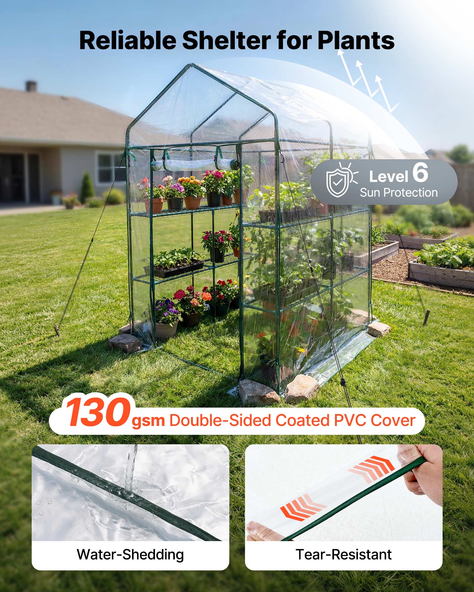 Reliable Shelter for Plants

- Level 6 Sun Protection
- 130 gsm Double-Sided Coated PVC Cover
- Water-Shedding
- Tear-Resistant