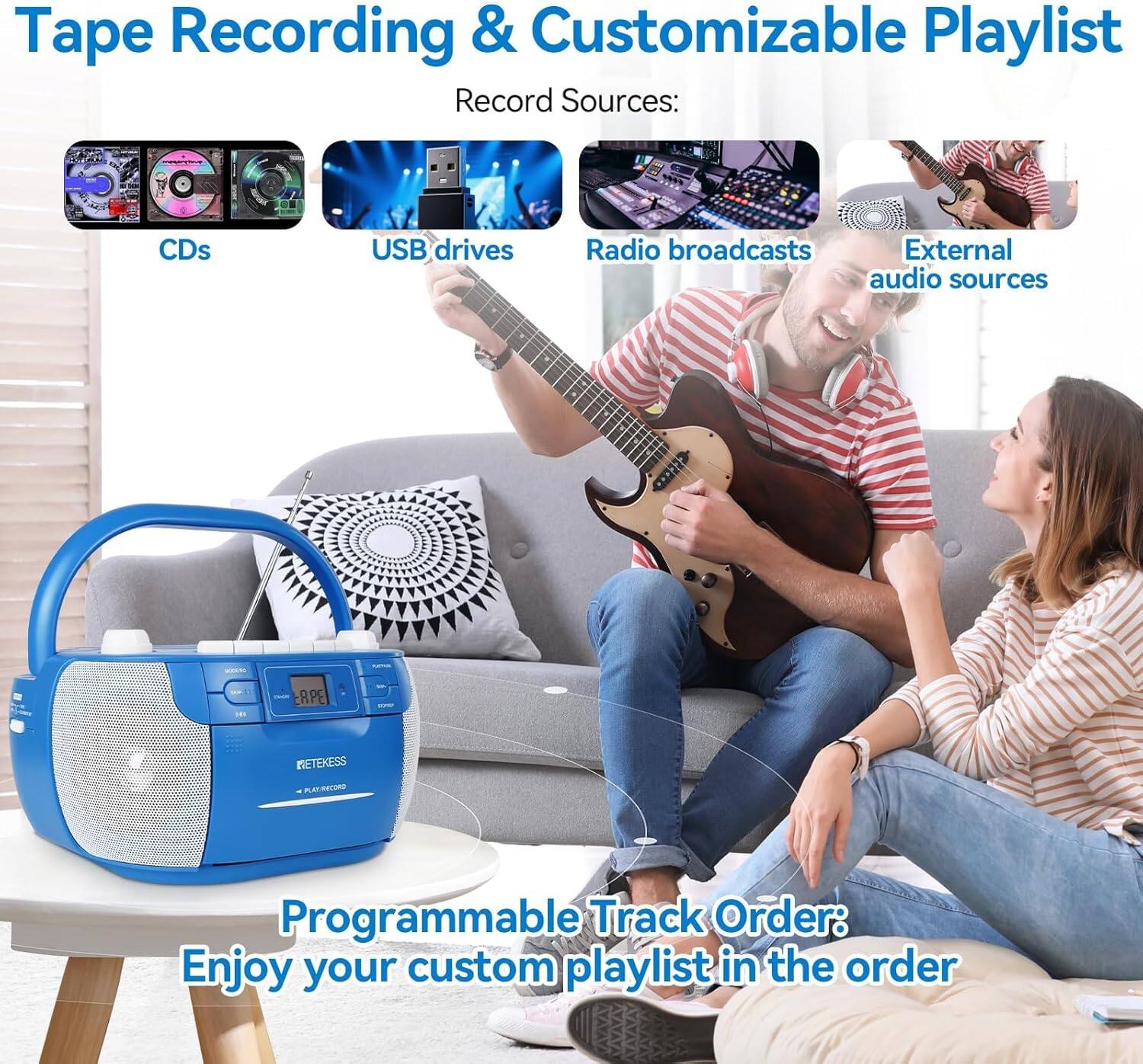 Tape Recording & Customizable Playlist

Record Sources:
- CDs
- USB drives
- Radio broadcasts
- External audio sources

Programmable Track Order: Enjoy your custom playlist in the order