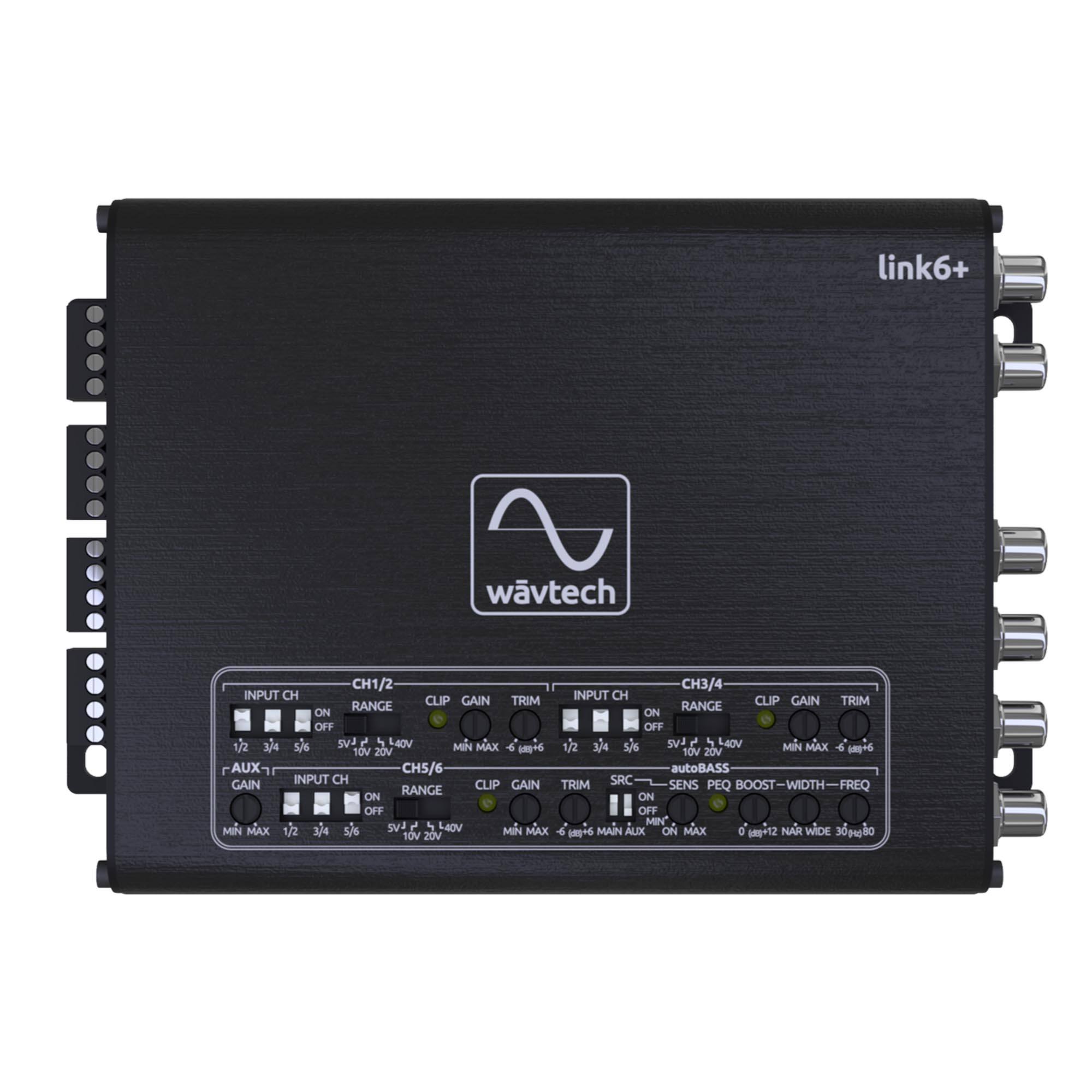 link6+  
wvtech  

INPUT CH  
CH1/2  
RANGE  
CLIP GAIN TRIM  
ON OFF  
MIN MAX +1 10V 20V  

INPUT CH  
CH3/4  
RANGE  
CLIP GAIN TRIM  
ON OFF  
MIN MAX +1 10V 20V  

INPUT CH  
CH5/6  
RANGE  
CLIP GAIN TRIM  
ON OFF  
MIN MAX +1 10V 20V  

AUX CH5/6  
GAIN  
MIN MAX  

SRC  
TRIM  
SENS PEQ BOOST-WIDTH-FREQ  
ON OFF  
0 12 NAR WIDE 30 80  

AUTOBASS  
ON MAX  

SV 1 4 L40V  
SV 1 4 L40V  
SV 5 40V  
SV 5 40V  

1/2 3/4 5/6  
1/2 3/4 5/6  
1/2 3/4 5/6  

10V 20V  
10V 20V  
10V 20