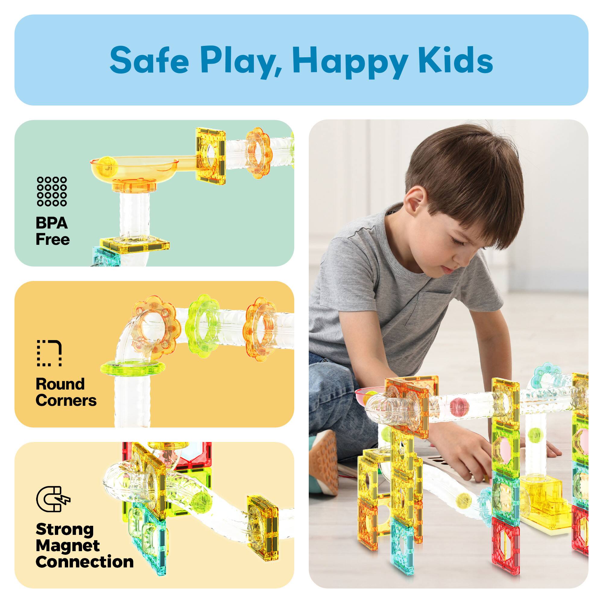 Safe Play, Happy Kids

- BPA Free
- Round Corners
- Strong Magnet Connection