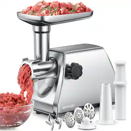 AIRMSEN - Electric Meat Grinder & Sausage Stuffer, 3 Plates, 2 Blades, Kubbe Kit, Fast, Quiet, Easy Clean - Stainless Steel