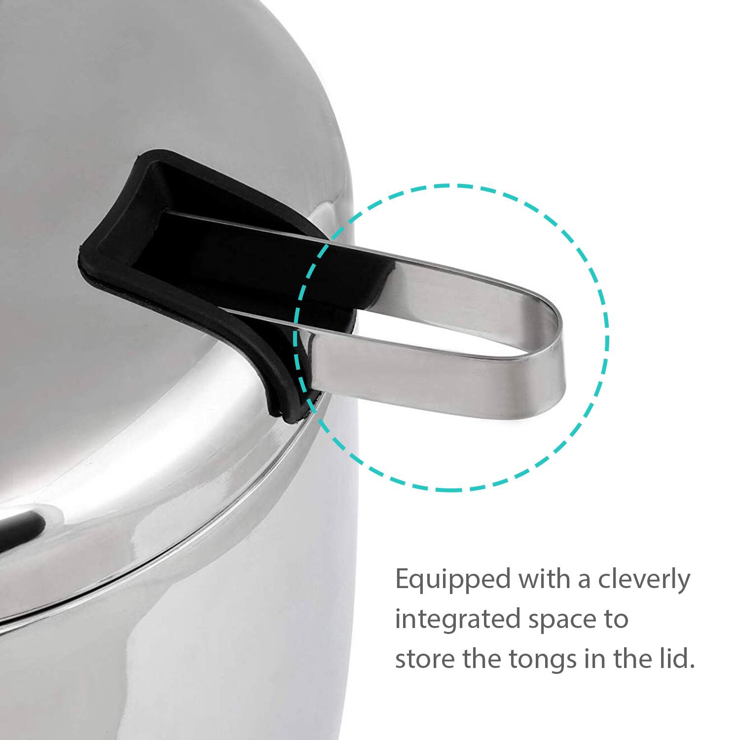 Equipped with a cleverly integrated space to store the tongs in the lid.