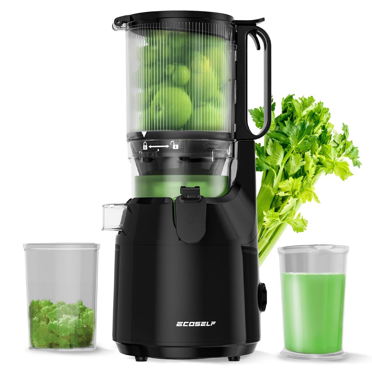 Ecoself - Cold Press Juicer,Ecoself Juicer Machines, 5.3“ Extra Large Feed Chute for Whole Fruits & Vegetables - Black