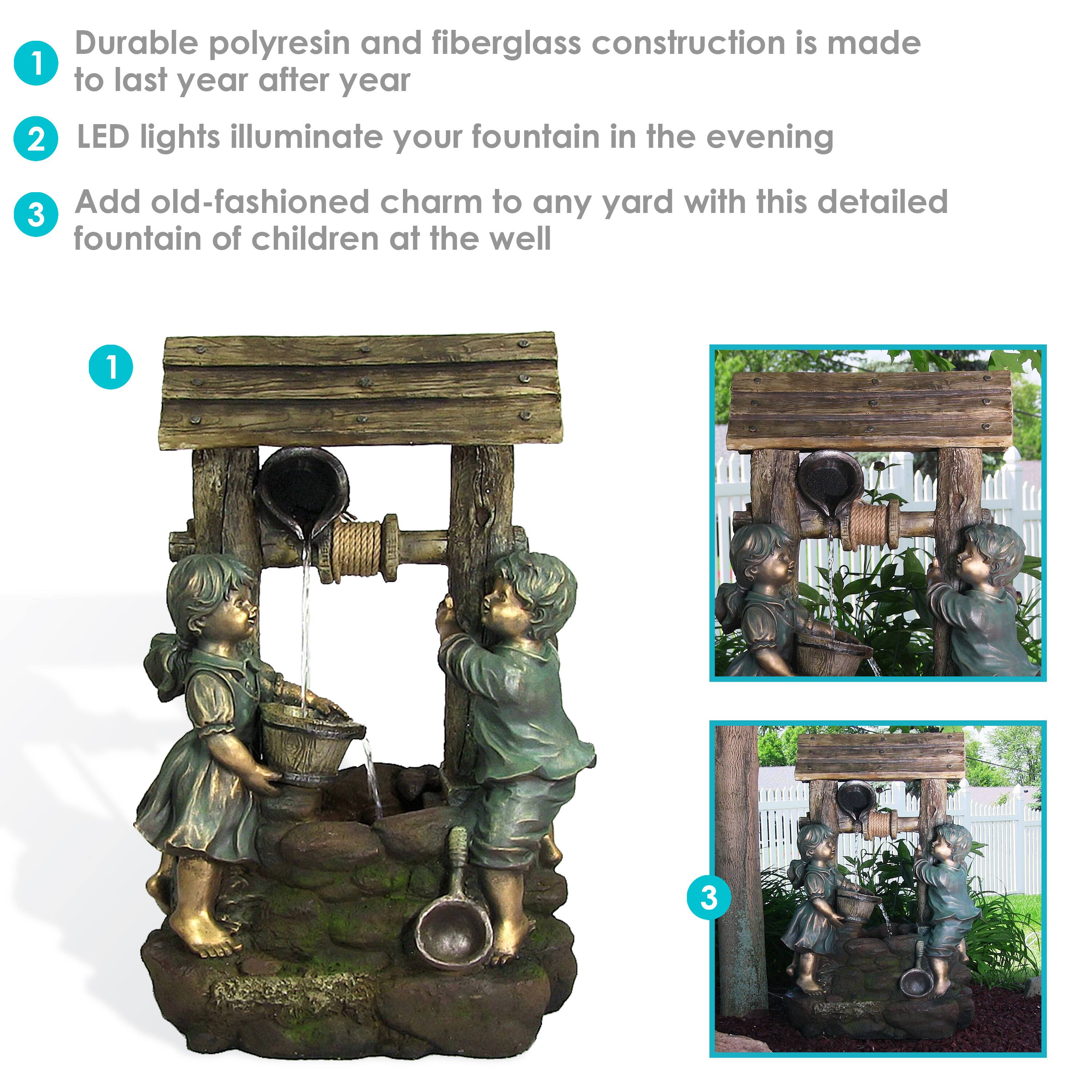 1. Durable polyresin and fiberglass construction is made to last year after year
2. LED lights illuminate your fountain in the evening
3. Add old-fashioned charm to any yard with this detailed fountain of children at the well