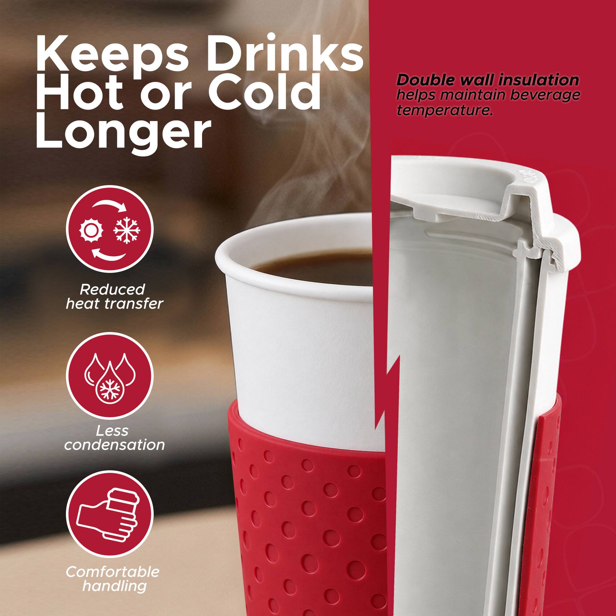 Keeps Drinks Hot or Cold Longer

Double wall insulation helps maintain beverage temperature.

- Reduced heat transfer
- Less condensation
- Comfortable handling