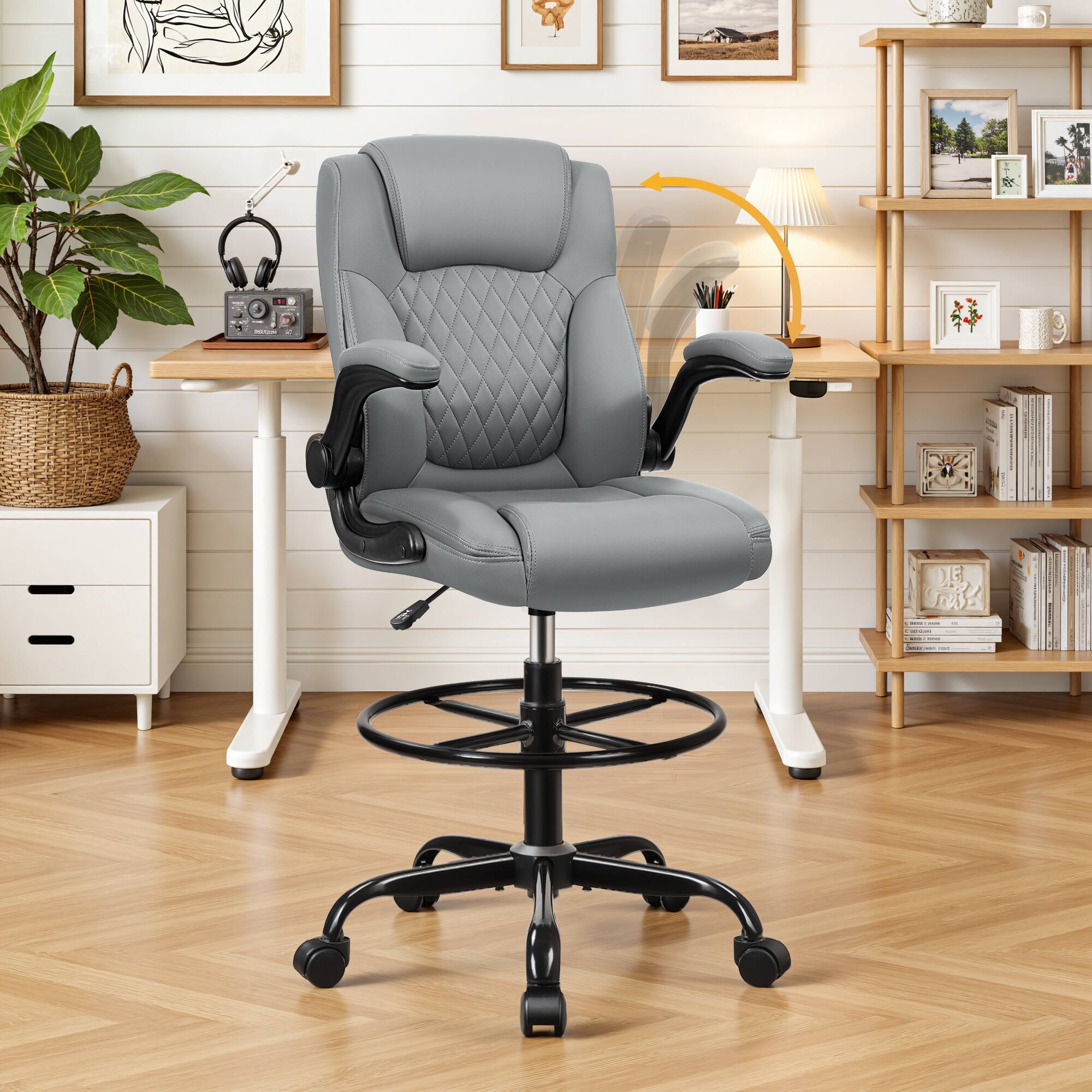 Alt View 1. Brick Attic - Drafting Chair, Tall Office Chair for Standing Desk, High Executive Leather Ergonomic Computer Chair Adjustable - Gray.