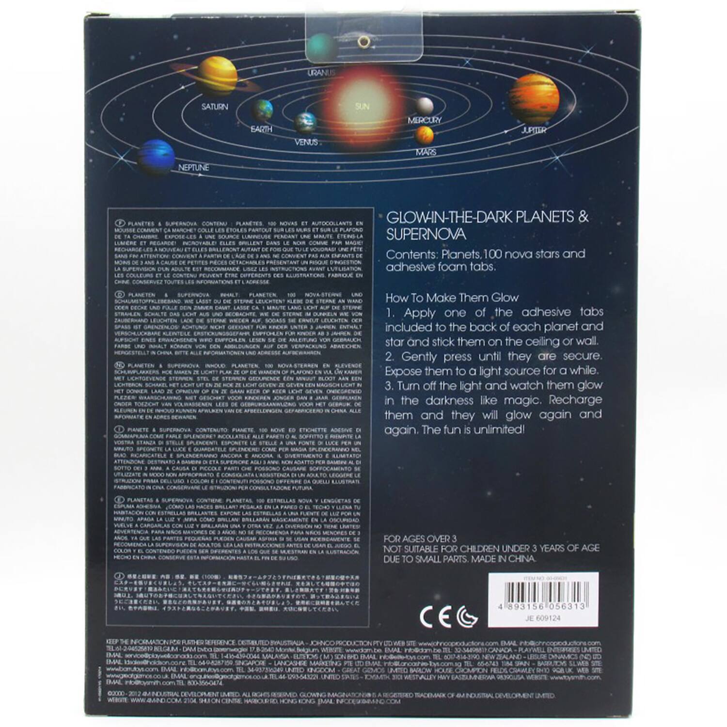 Glow-in-the-Dark Planets & Planetes: Contents: Planets. 100 nova stars and DSTE SPERVISOS RECONMANE LUFLISATION adhesive foam tabs. Apply one of the adhesive tabs to the back of each planet and stick them to the wall. Expose them to a light source for a while. Turn off the light and watch them glow in the darkness like magic.