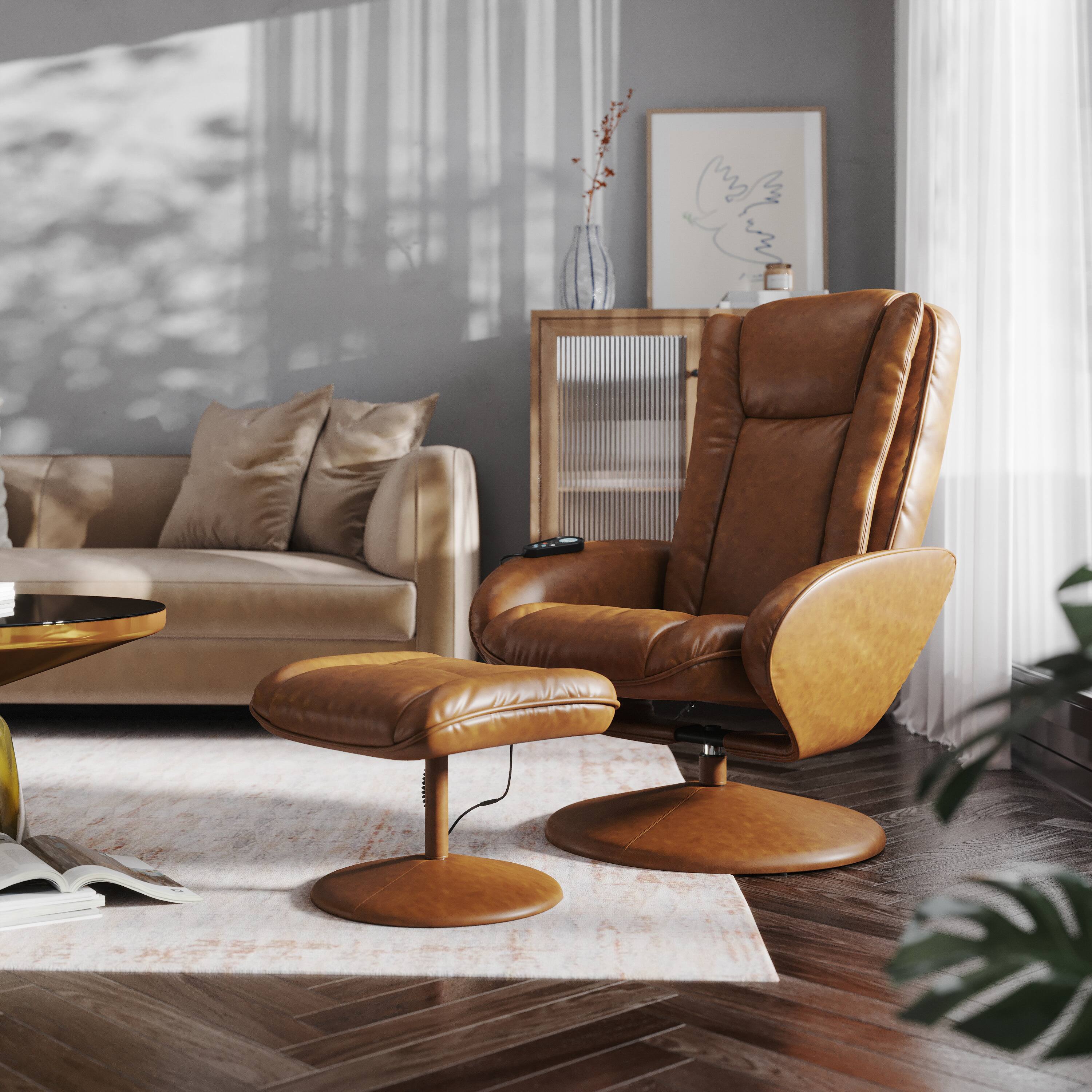 Alt View 1. Emma + Oliver - Massaging Multi-Position Plush Recliner with Side Pocket and Ottoman - Brown.