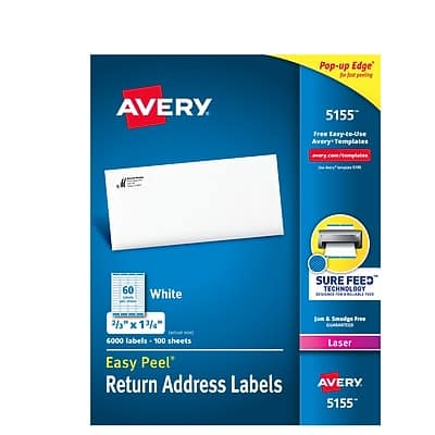 "Avery - Easy Peel Laser Return Address Labels, 2/3"" x 1-3/4"", Glossy White, 6,000 Labels/Pack (5155) - Matte White" price history on PriceWatchPro