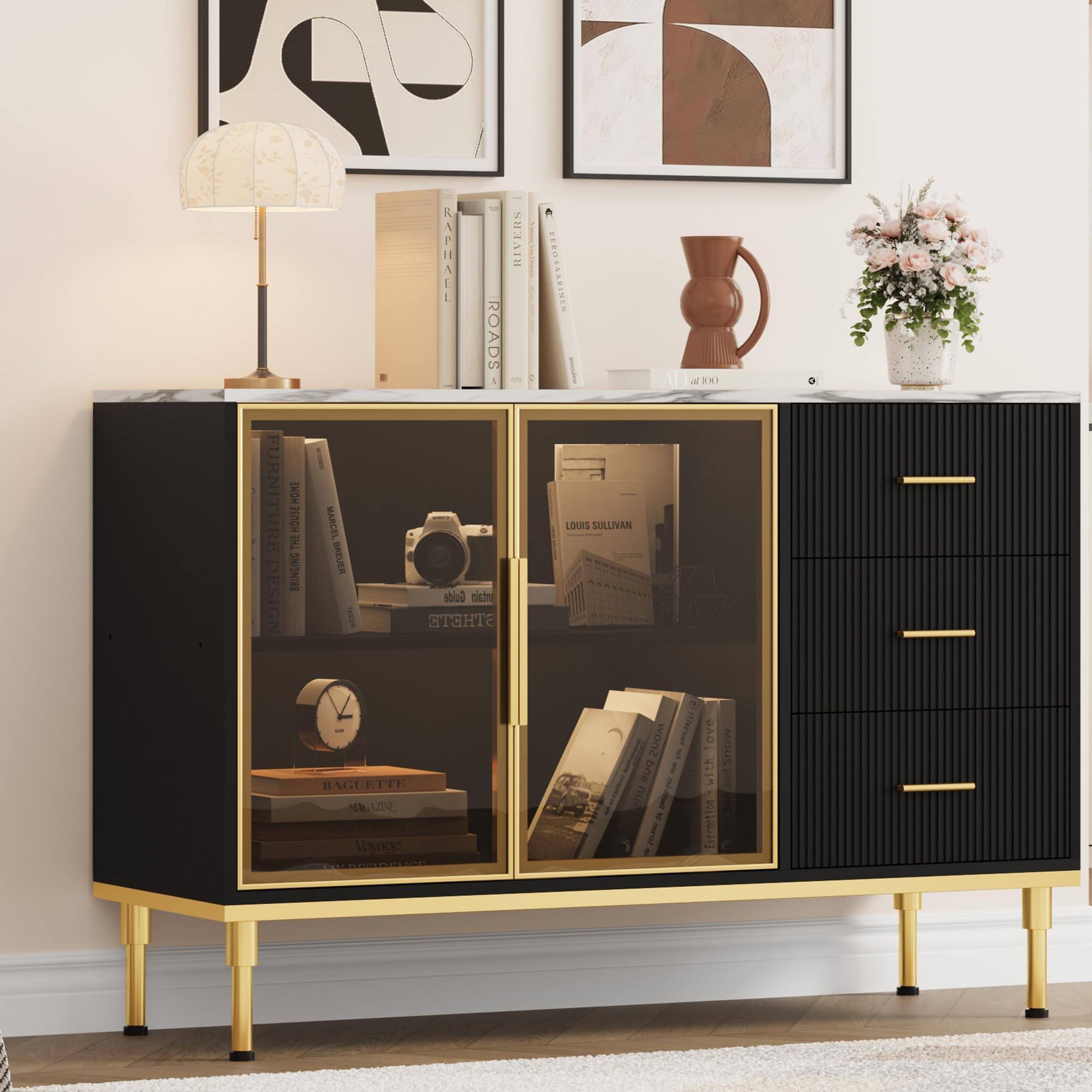 Acekool - Buffet Sideboard Cabinet with Storage,46.4 in Large Fluted Kitchen Sideboard Cabinet with Glass Door 3 Drawer and Shelve - Black