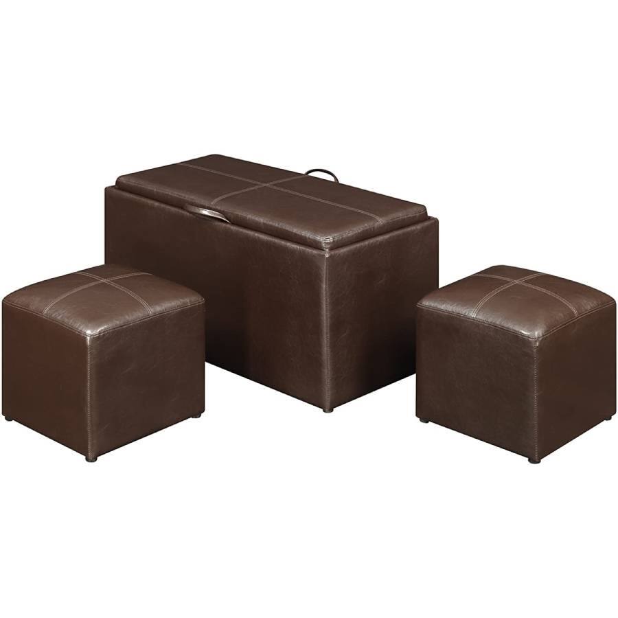 Angle. Hivvago - Faux Leather Storage Bench Coffee Table with 2 Side Ottomans - Brown.