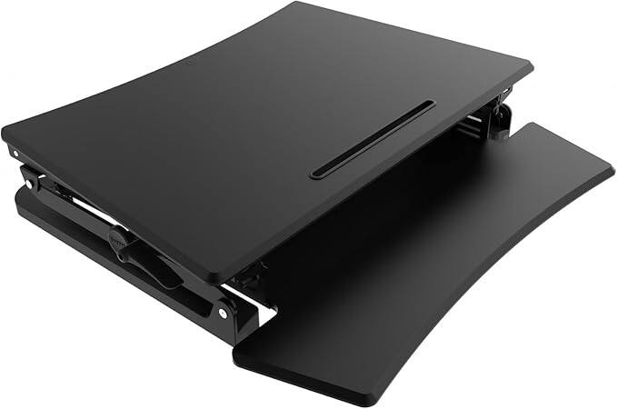 Left. Amber Sporting Goods - Adjustable Desk Stand – Ergonomic Sit-to-Stand Workstation, Compact & Sturdy, 35x22", Black - Brown.