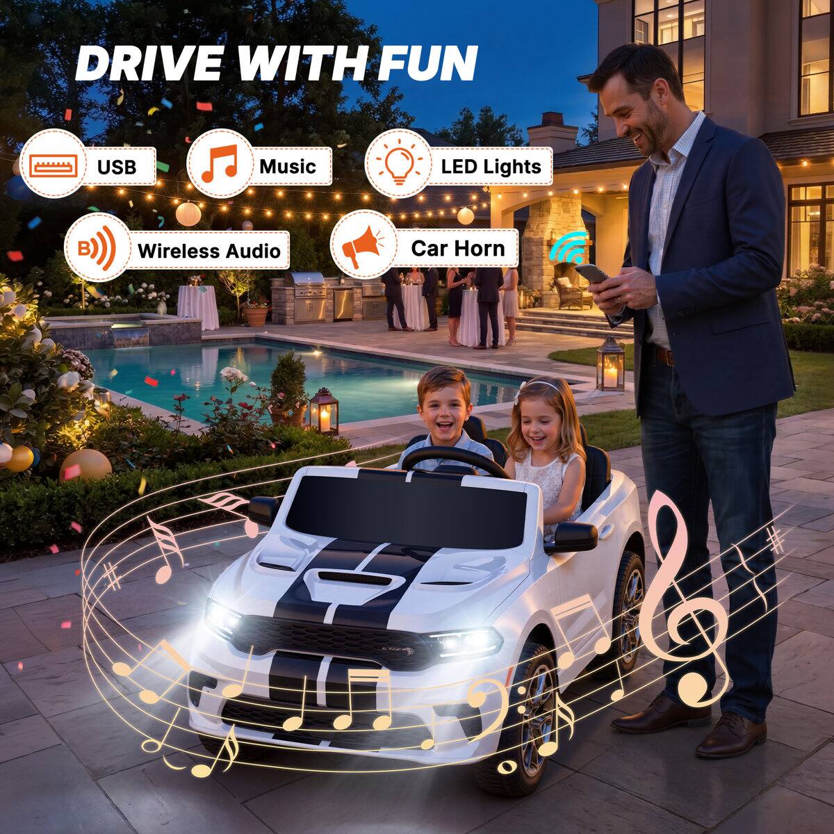 DRIVE WITH FUN

- USB
- Music
- LED Lights
- Wireless Audio
- Car Horn