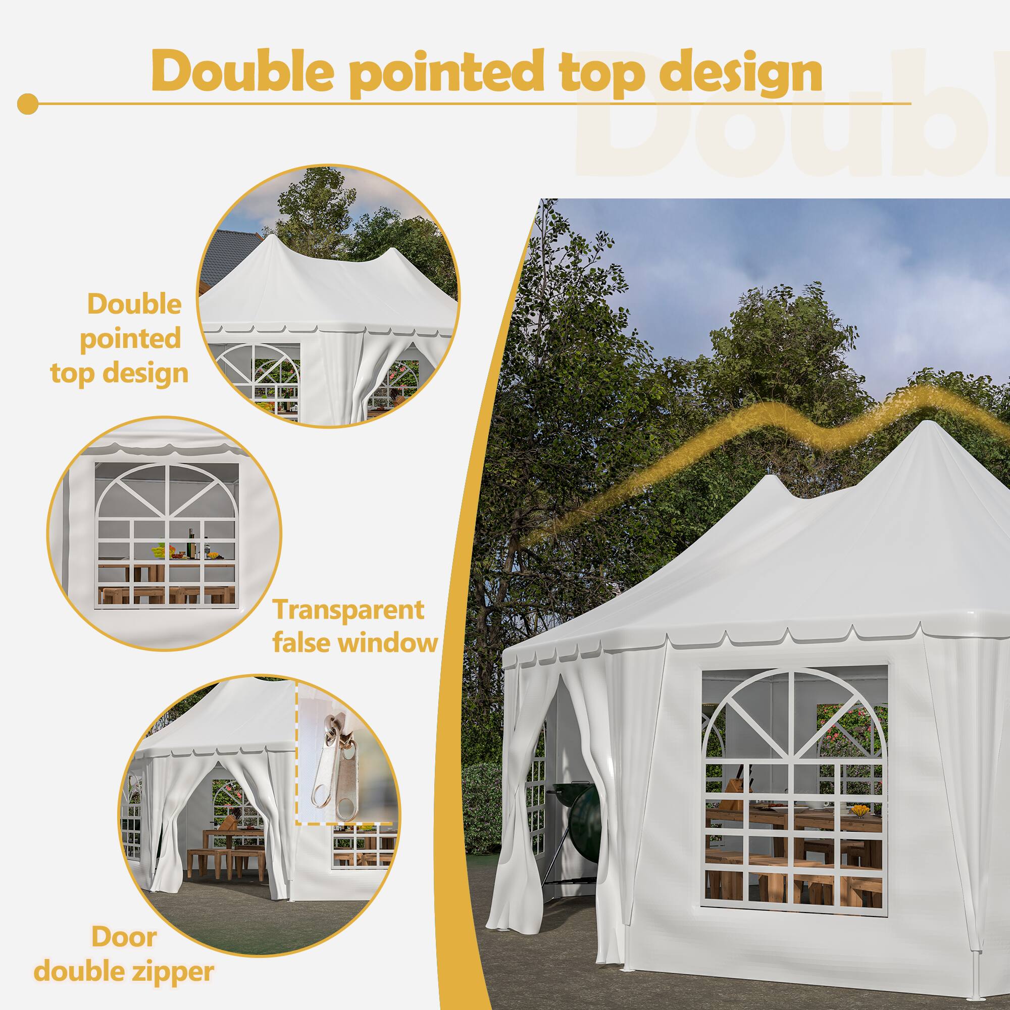 Double pointed top design

- Double pointed top design
- Transparent false window
- Door double zipper