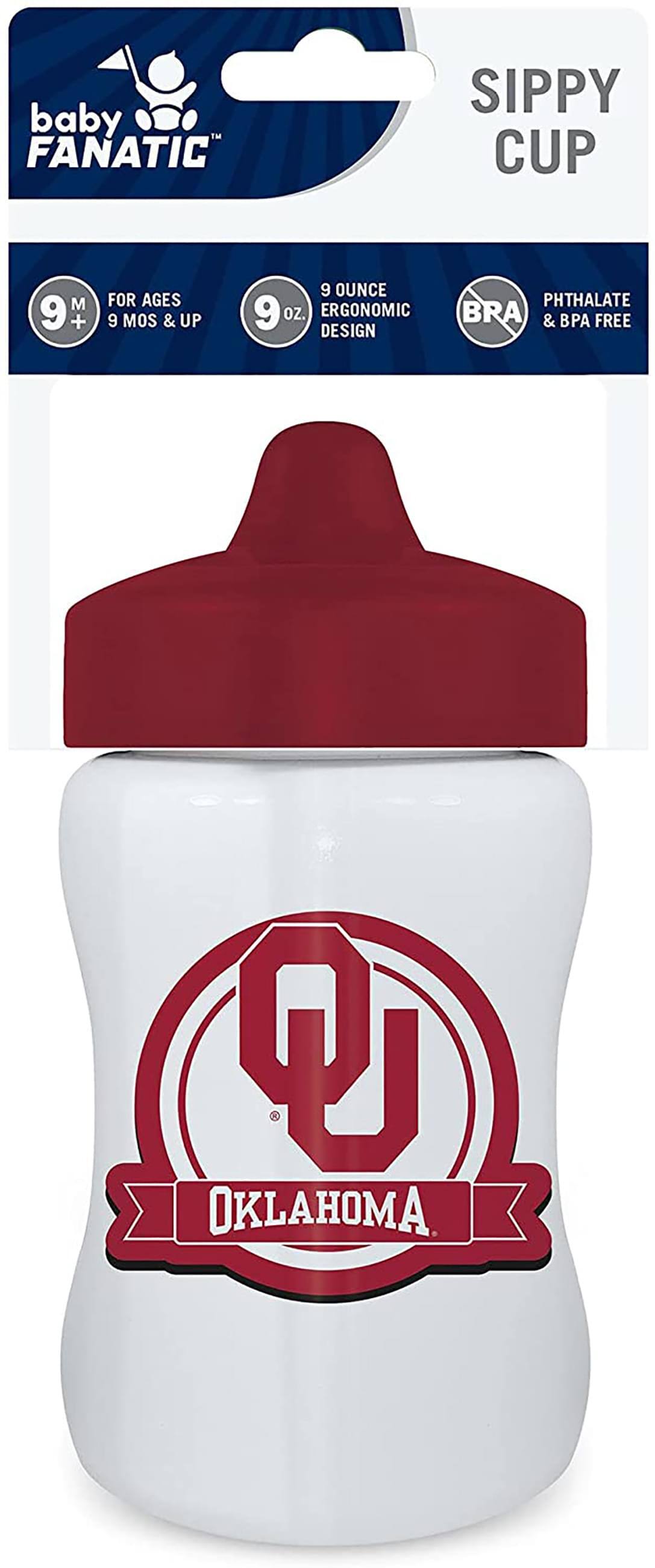 baby FANATIC SIPPY CUP  
M 9+ FOR AGES 9 MOS & UP  
9 OZ. ERGONOMIC DESIGN  
PHTHALATE & BPA FREE  
OKLAHOMA