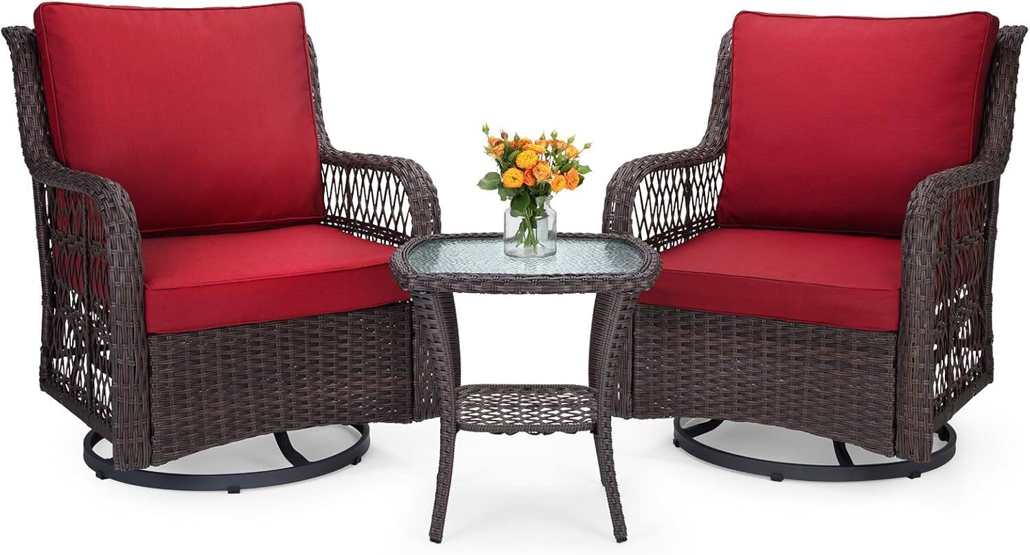 Front. Acekool - 3 Piece Outdoor Wicker Swivel Rocker Patio Bistro Set, 360° Rocking Chairs & Tempered Glass Side Table, Red - Red.