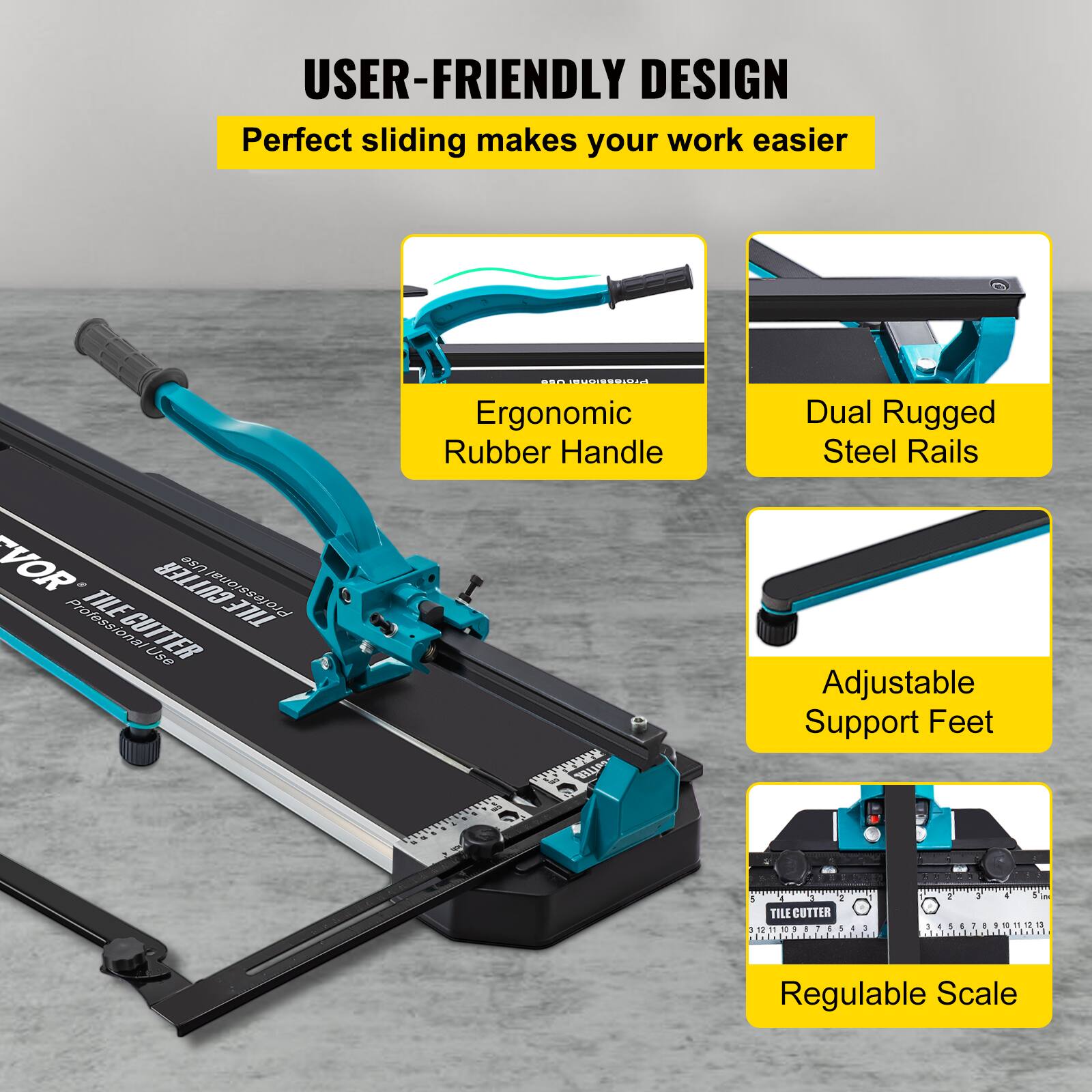 USER-FRIENDLY DESIGN  
Perfect sliding makes your work easier  

- Ergonomic Rubber Handle  
- Dual Rugged Steel Rails  
- Adjustable Support Feet  
- Regulable Scale