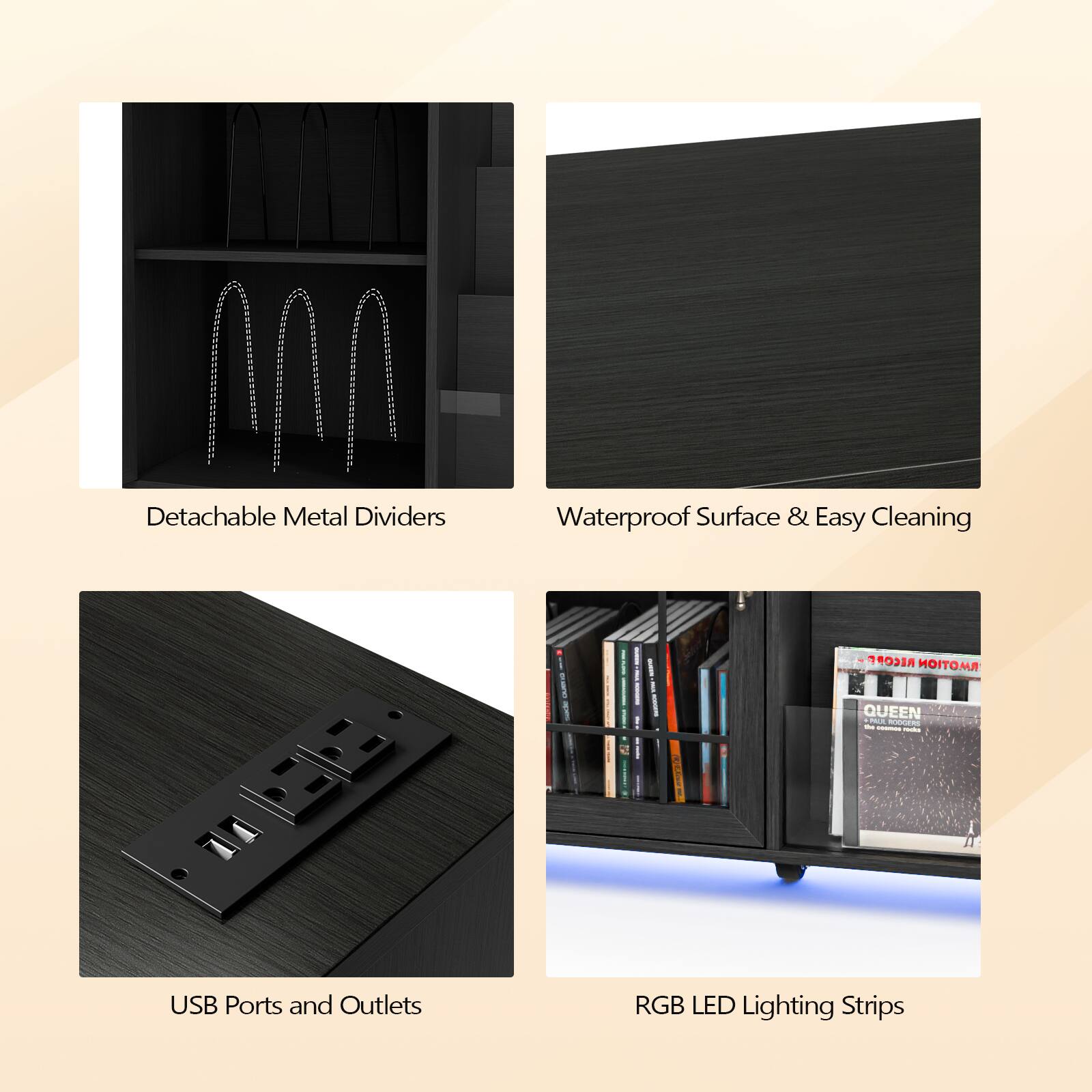 1. Detachable Metal Dividers
2. Waterproof Surface & Easy Cleaning
3. USB Ports and Outlets
4. RGB LED Lighting Strips