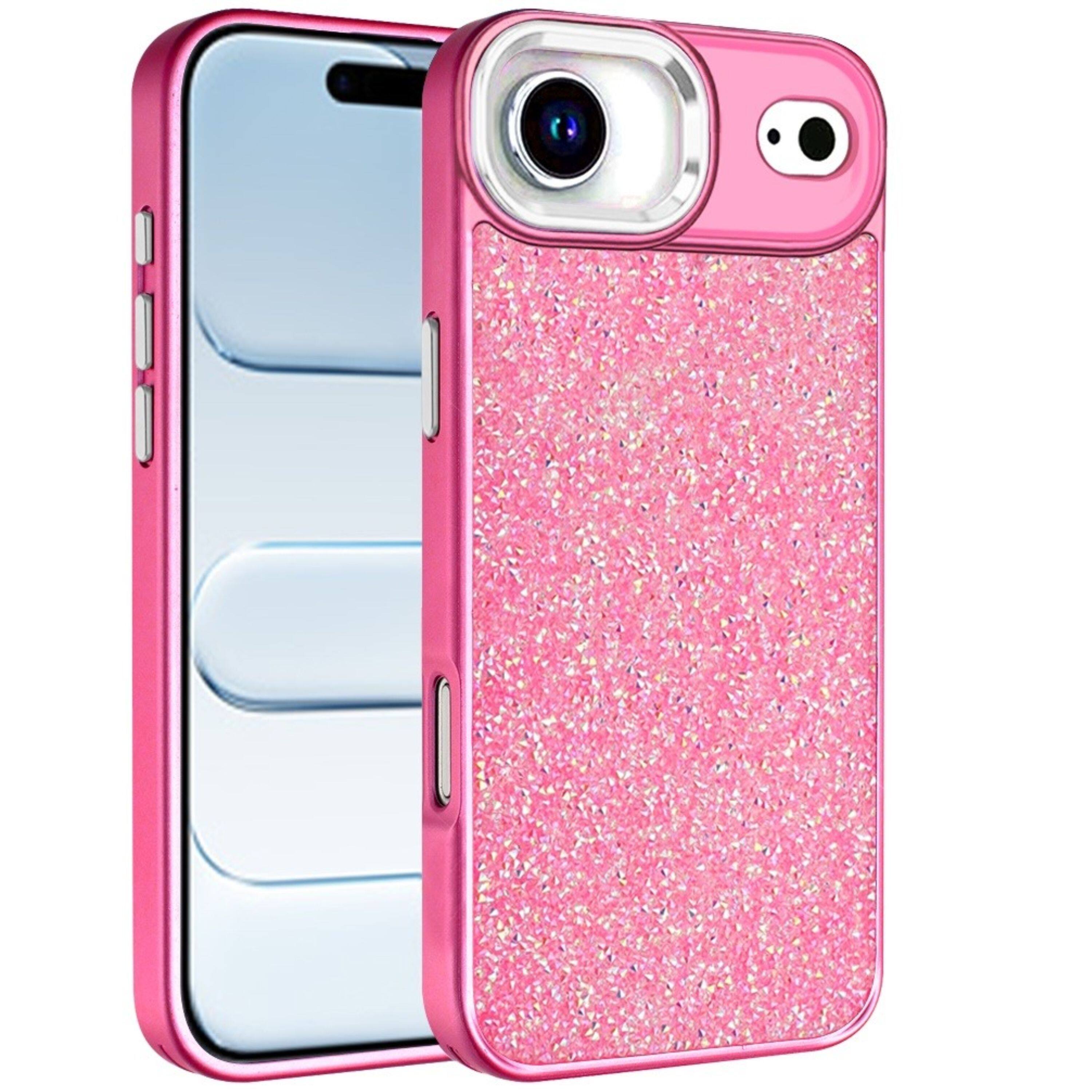 Left. Kitcheniva - Full Crystal Bling Metallic Buttons Phone Case With Tempered Glass For iPhone Air Hot Pink - Hot Pink.