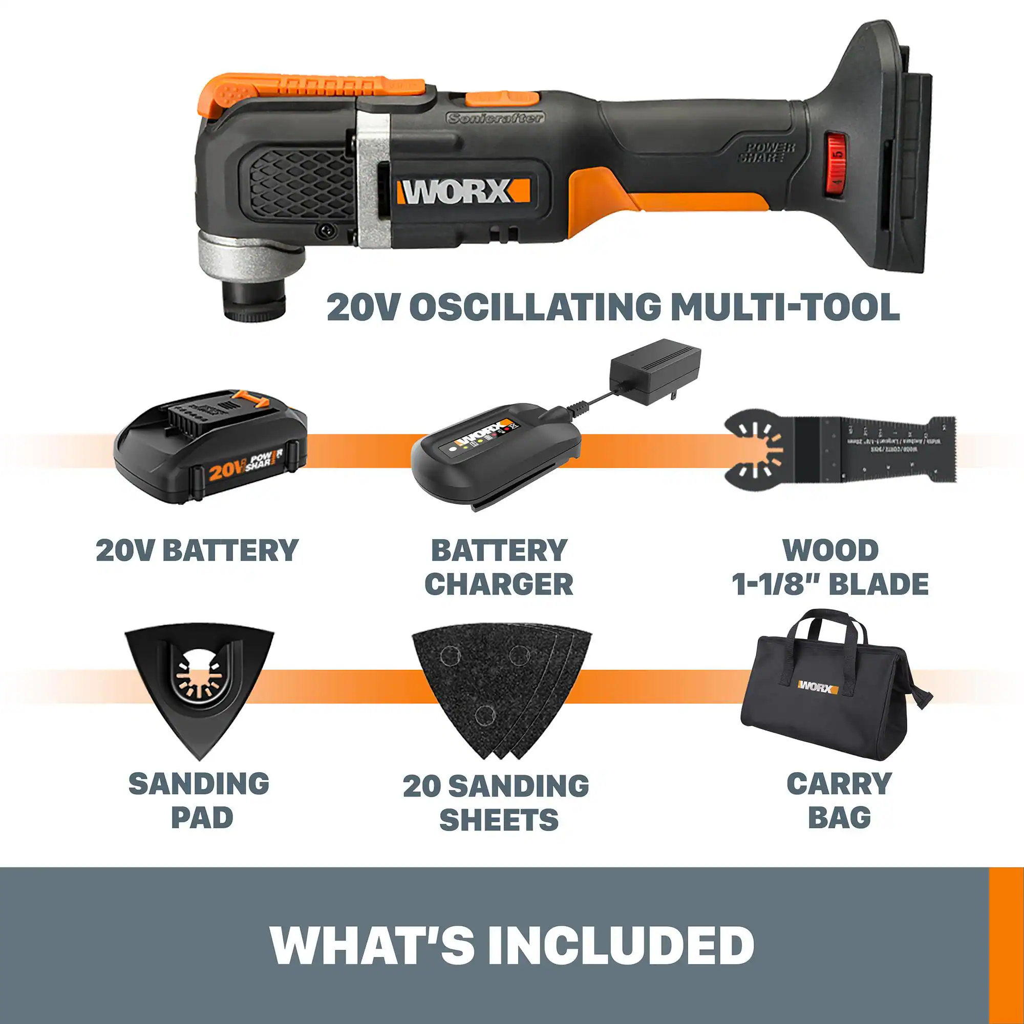 WORX POWER SHARP 20V OSCILLATING MULTI-TOOL  
- 20V BATTERY  
- BATTERY CHARGER  
- WOOD 1-1/8" BLADE  
- SANDING PAD  
- 20 SANDING SHEETS  
- CARRY BAG  

WHAT'S INCLUDED