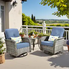 Ovios - 3 PCS Outdoor Patio Furniture Set Swivel Rocking Chairs Wicker Glider Chairs with Side Table - Denim Blue