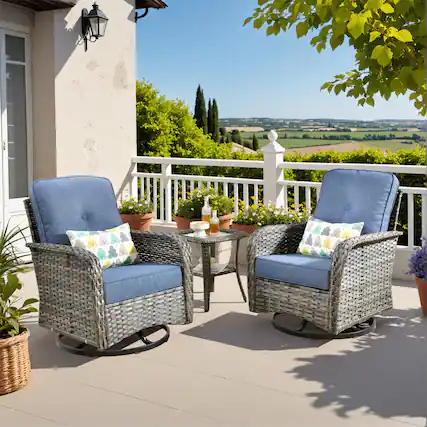 Front. Ovios - 3 PCS Outdoor Patio Furniture Set Swivel Rocking Chairs Wicker Glider Chairs with Side Table - Denim Blue.