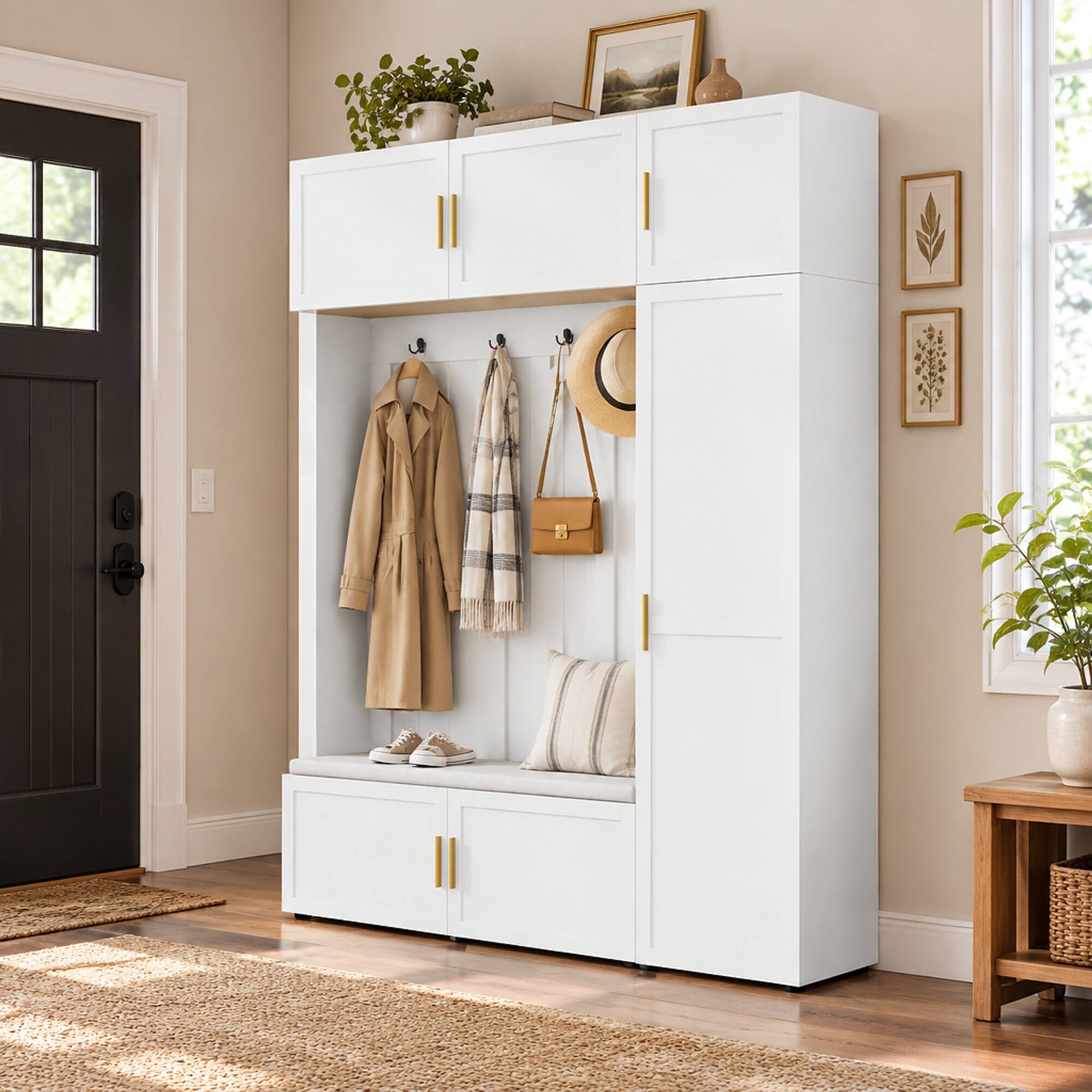 Angle. RYHNUYNE - U-Can 4-in-1 Hall Tree, Padded Bench, 4 Hooks, Multi-Tier Shelves, MDF, 79.72 in H - Ancient White.