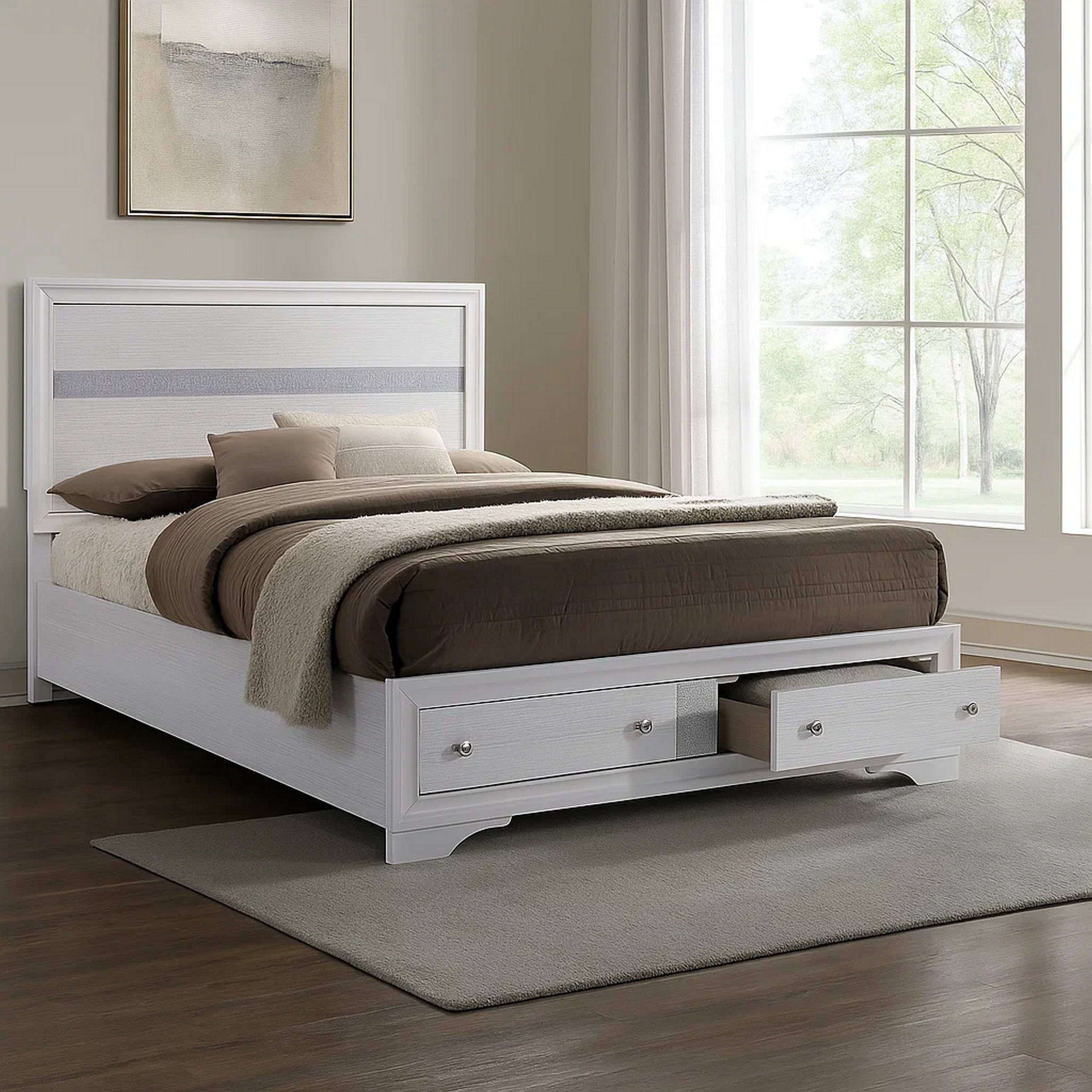 Alt View 3. Manhattan Lane - Cevy Full Size Bed, Footboard Drawers, White Wood w Glitter Accents - White, Silver.