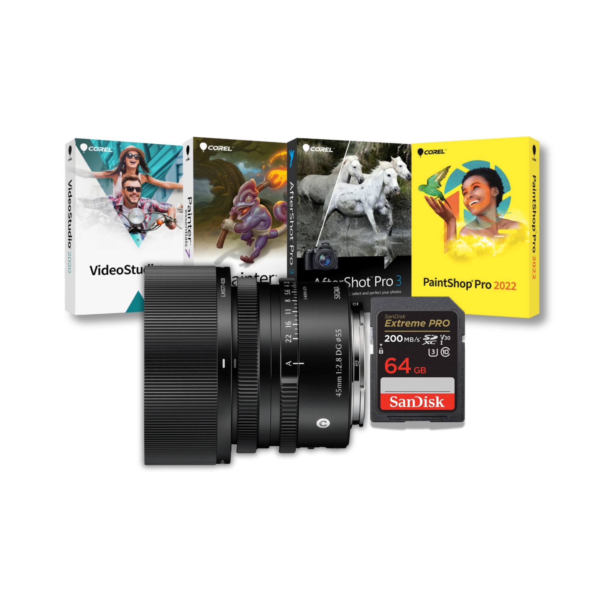 COREL VideoStudio  
COREL AfterShot Pro 3  
COREL PaintShop Pro 2022  
SIGMA 45mm 1:2.8  
SanDisk Extreme PRO 64 GB 200 MB/s XC 30