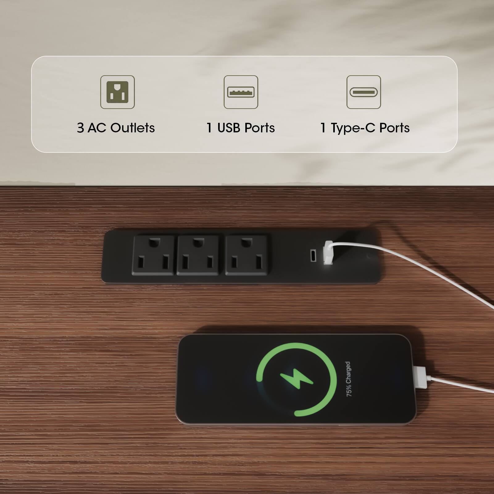3 AC Outlets  
1 USB Ports  
1 Type-C Ports  
Charged 75%