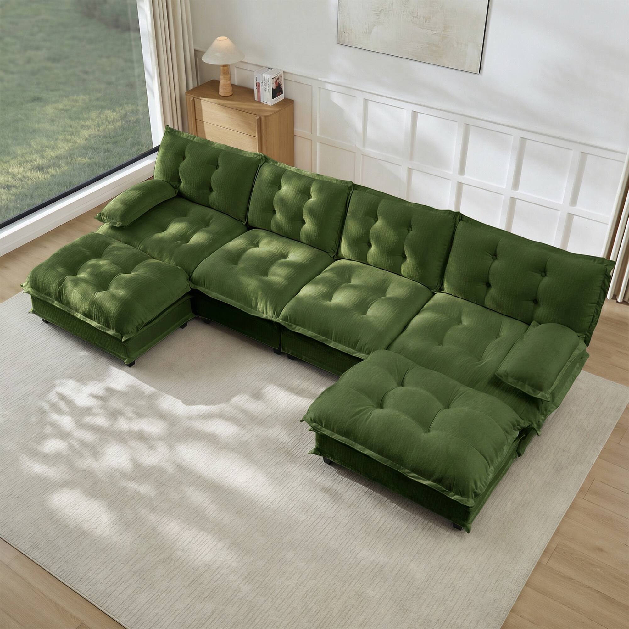 Left. LOVMOR - 138 inch U Shaped Modular Deep Seat 4 Seat Chenille Sectional Couch Compressed Pack For Bedroom Apartment Cozy - Green.