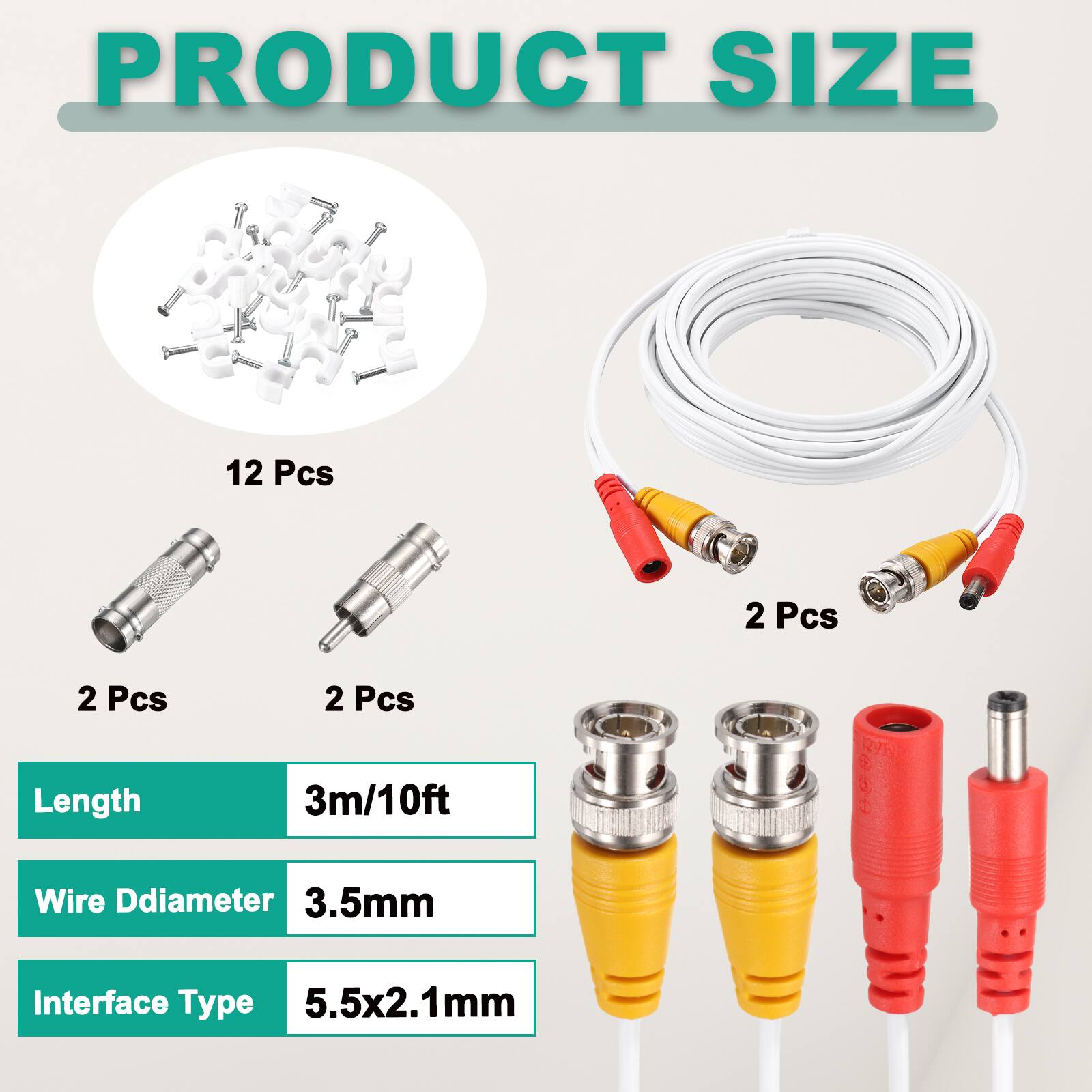 PRODUCT SIZE

12 Pcs  
2 Pcs  
2 Pcs  
2 Pcs  

Length: 3m/10ft  
Wire Diameter: 3.5mm  
Interface Type: 5.5x2.1mm