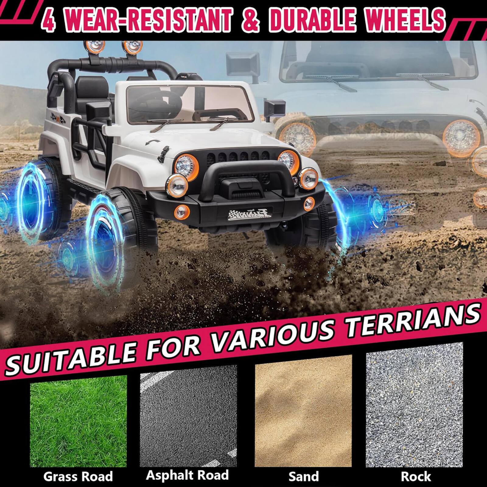 4 WEAR-RESISTANT & DURABLE WHEELS

SUITABLE FOR VARIOUS TERRIANS

- Grass Road
- Asphalt Road
- Sand
- Rock