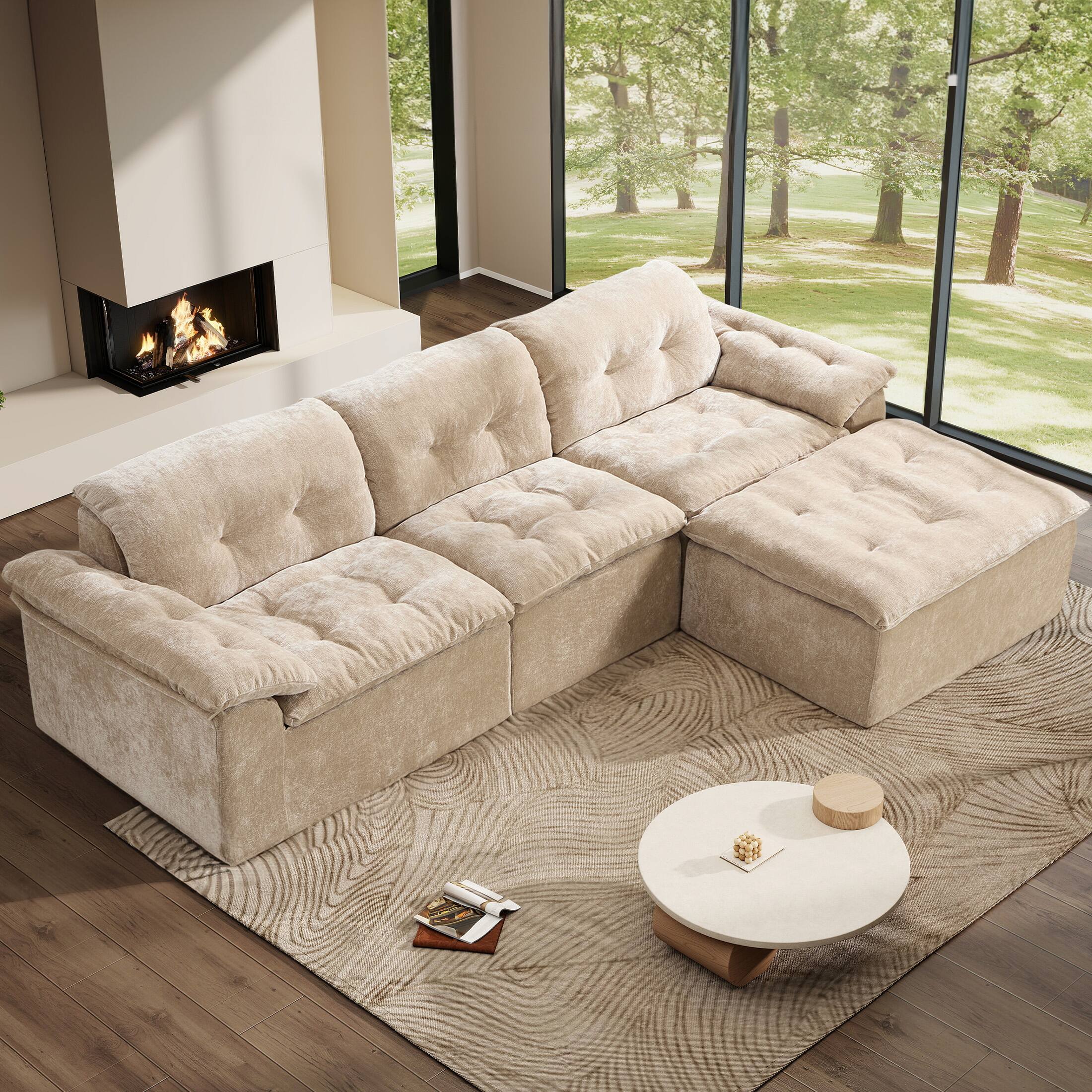 Angle. Anysun - Anysun L-Shaped Modular Chenille Cushioned Extreme Comfort Sofa with Detachable Backrest and Armrests, Removable Ottoman - Coffee.