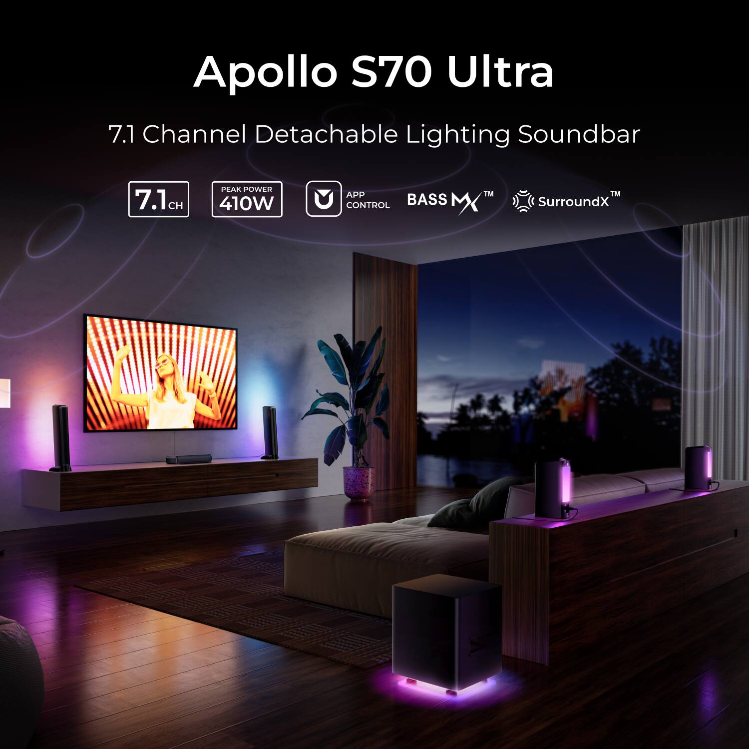 Apollo S70 Ultra 7.1 Channel Detachable Lighting Soundbar 7.1 CH Peak Power 410W App Control BASS MK M SurroundX™