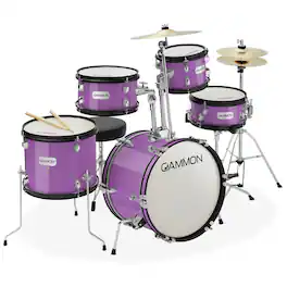 Gammon Percussion - 5pc Junior Drum Set - Beginner Percussion Kit with Stool and Stands - Purple
