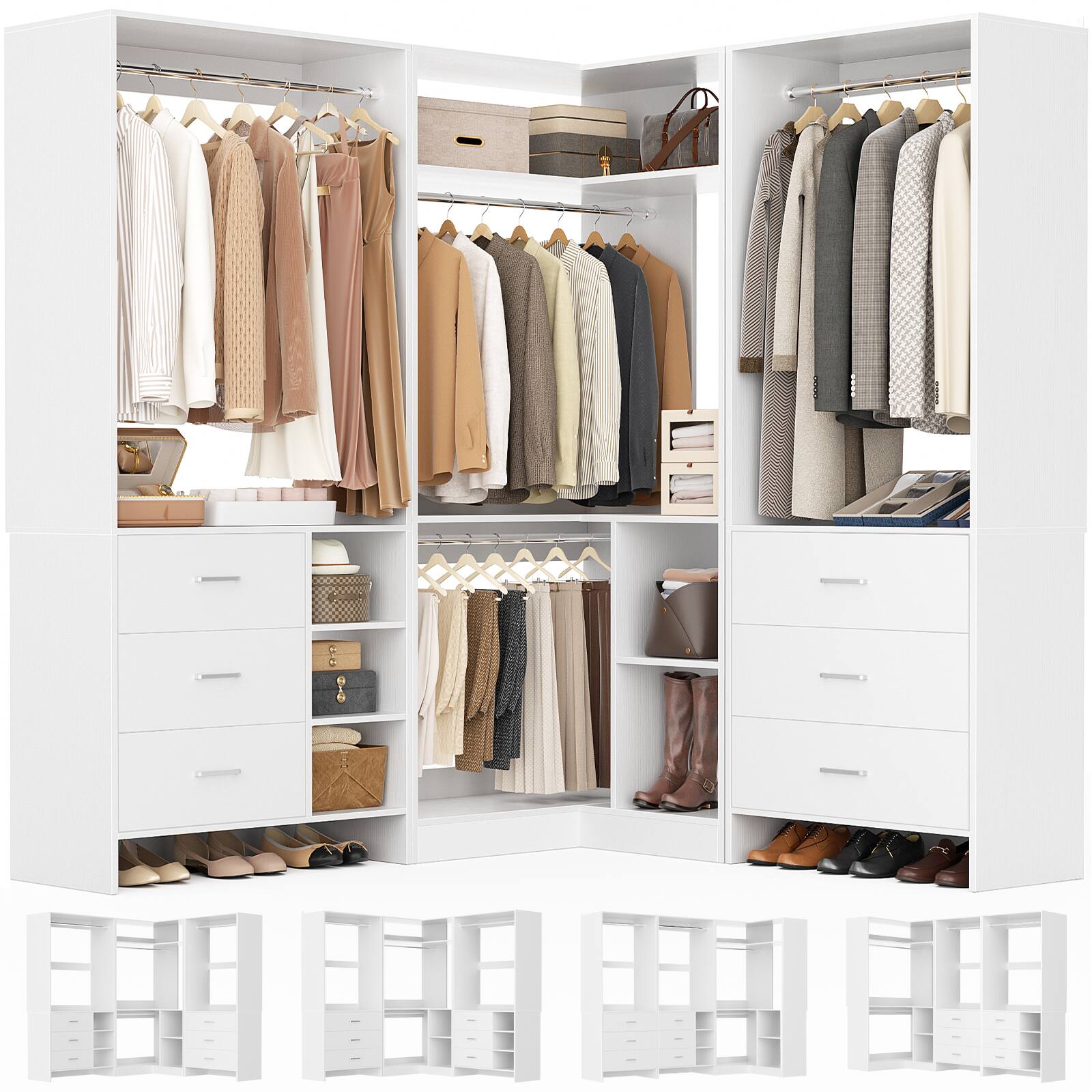 Alt View 2. Aheaplus - L Shaped Closet System with 4 Drawers, 4 Hanging Rods, and Corner Tower, 80.9'' Corner Wardrobe System, Reversible - White.