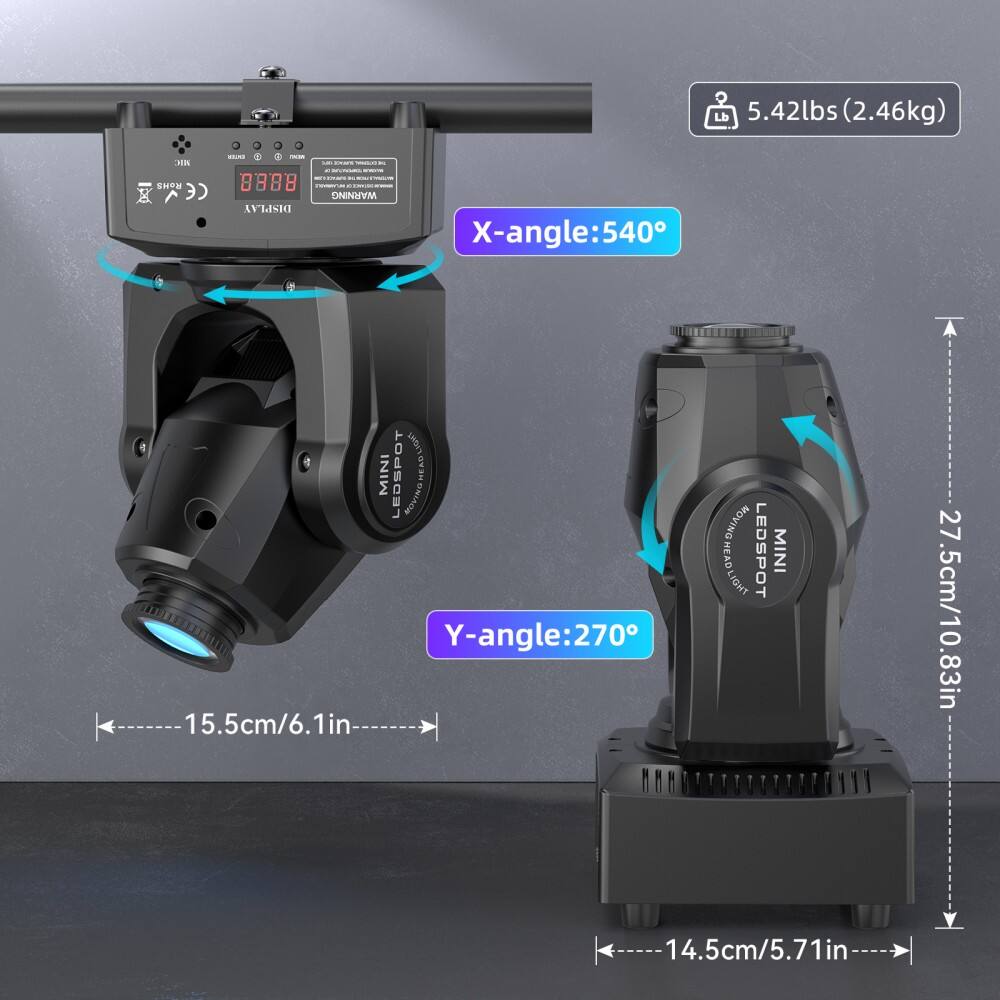 Lb 5.42lbs (2.46kg) MN ROHS CE - 1 . - - 8888 - WARNING DISPLAY X-angle:540 540 Liset MINI LEDSPOT AINDOS NEAC Y-angle:270 270 15.5cm/6.1in ONIAOR SNOITOVINE HEAD LIGHT LEDSPOT MINI 27.5cm/10.83in 14.5cm/5.71in

Corrected and grouped text:

- Weight: 5.42lbs (2.46kg)
- Certifications: MN ROHS CE
- Warning: 8888
- Display: X-angle: 540°, Y-angle: 270°
- Dimensions: 15.5cm/6.1in (width), 27.5cm/10.83in (height), 14.5cm/5.71in (depth)
- Product: Liset MINI LEDSPOT