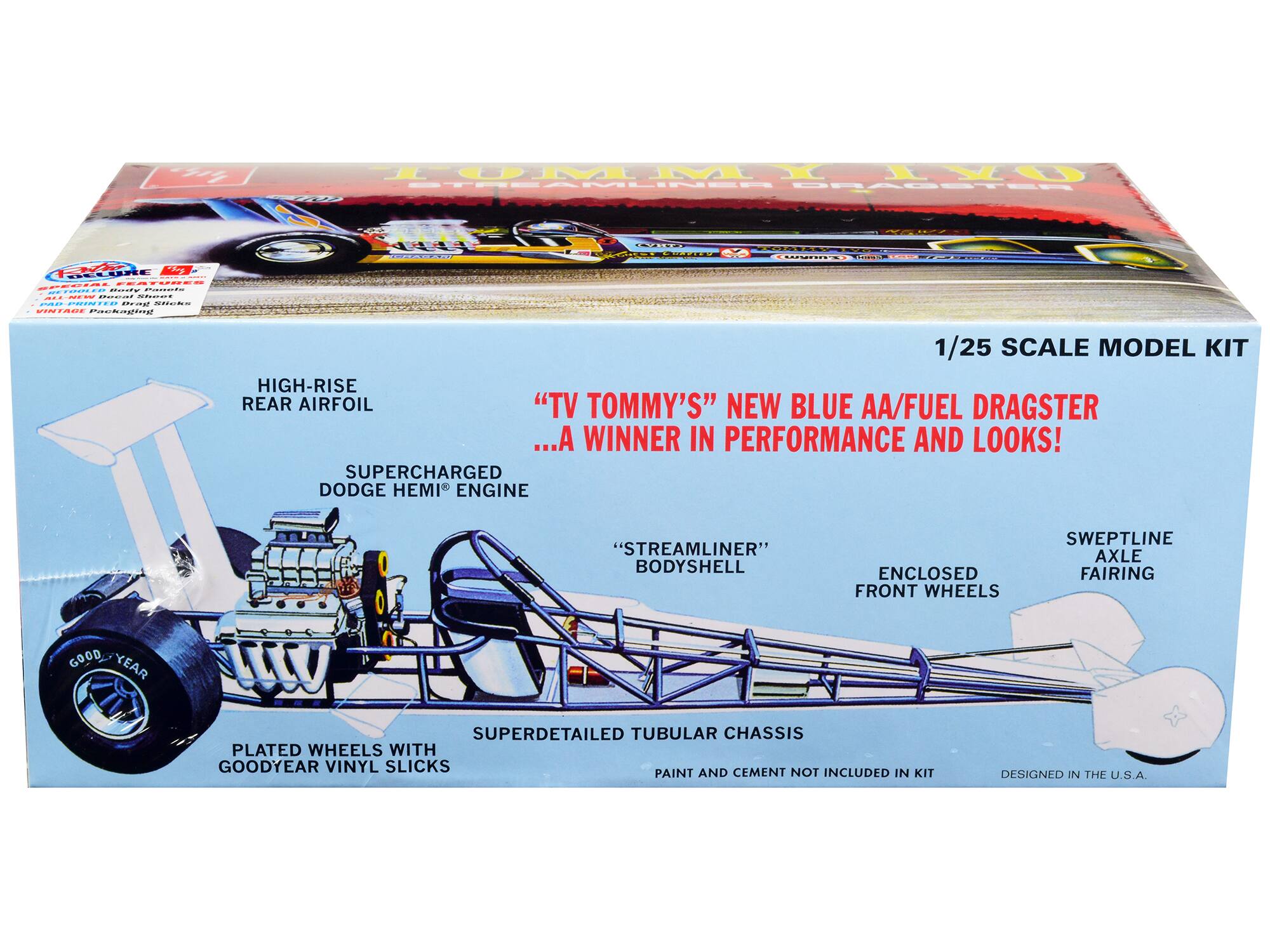 FOMM STREAMLINE DRAGSTER da OELURE | a ....-- .... ...N. F..... Cde Cancds : . eacal ...N. ... 202122020T adia .... 1RA Sde WINTAE Packaging - : COEE 1/25 SCALE MODEL KIT HIGH-RISE REAR AIRFOIL "TV TOMMY'S" NEW BLUE AA/FUEL DRAGSTER ...A WINNER IN PERFORMANCE AND LOOKS! SUPERCHARGED DODGE HEMI ENGINE "STREAMLINER" BODYSHELL ENCLOSED FRONT WHEELS SWEPTLINE AXLE FAIRING GOOD G0ODDYEAR SUPERDETAILED TUBULAR CHASSIS PLATED WHEELS WITH GOODYEAR VINYL SLICKS PAINT AND CEMENT NOT INCLUDED IN KIT DESIGNED IN THE U.S.A.